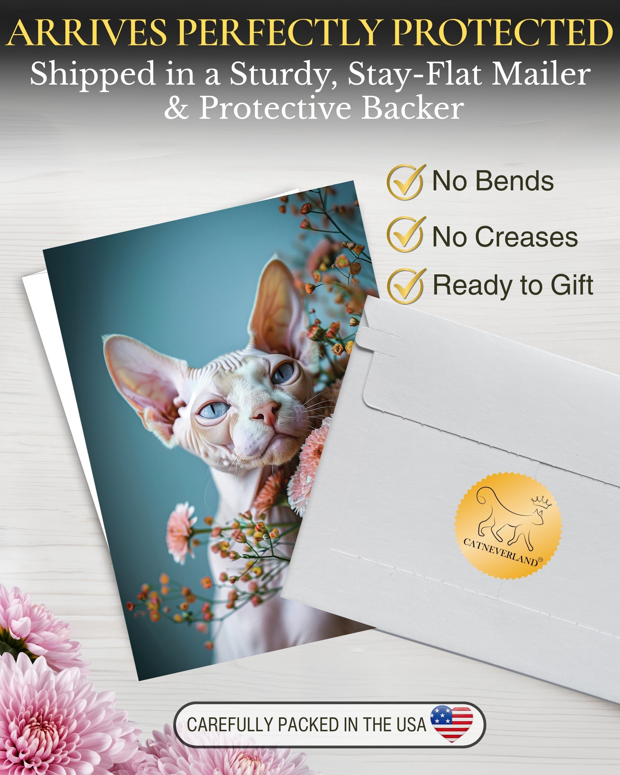 Sphynx Cat Greeting Card - 5x7 Inch Any Occasion from Cats with Flowers Collection Premium Cardstock Blank Inside White Envelope Great Gift for Cat Lovers