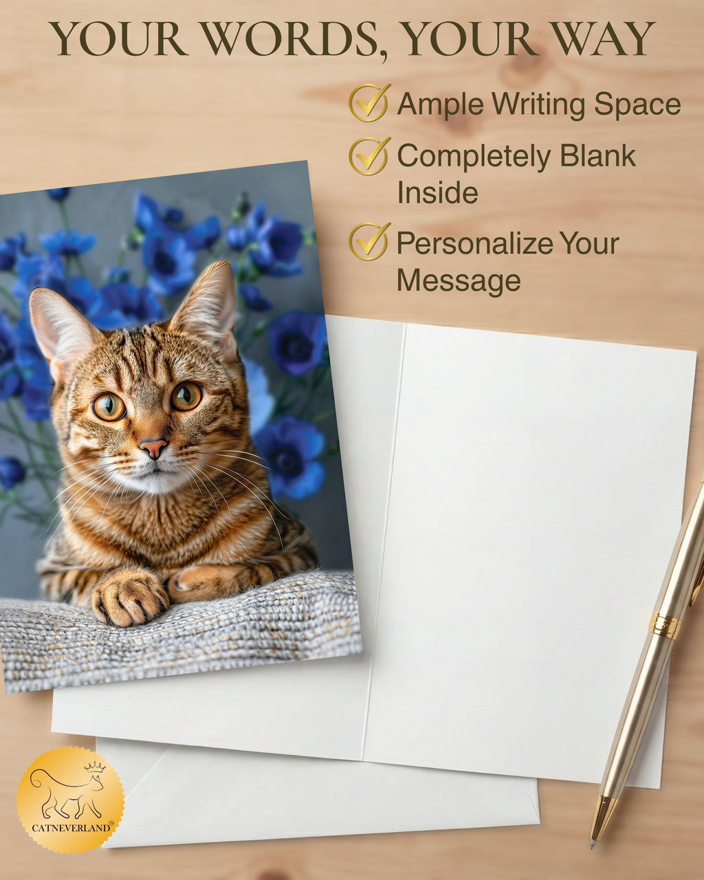 Bengal Cat Greeting Card 5x7 Inch Any Occasion from Cats with Flowers Collection Premium Cardstock Blank Inside White Envelope Great Gift for Cat Lovers