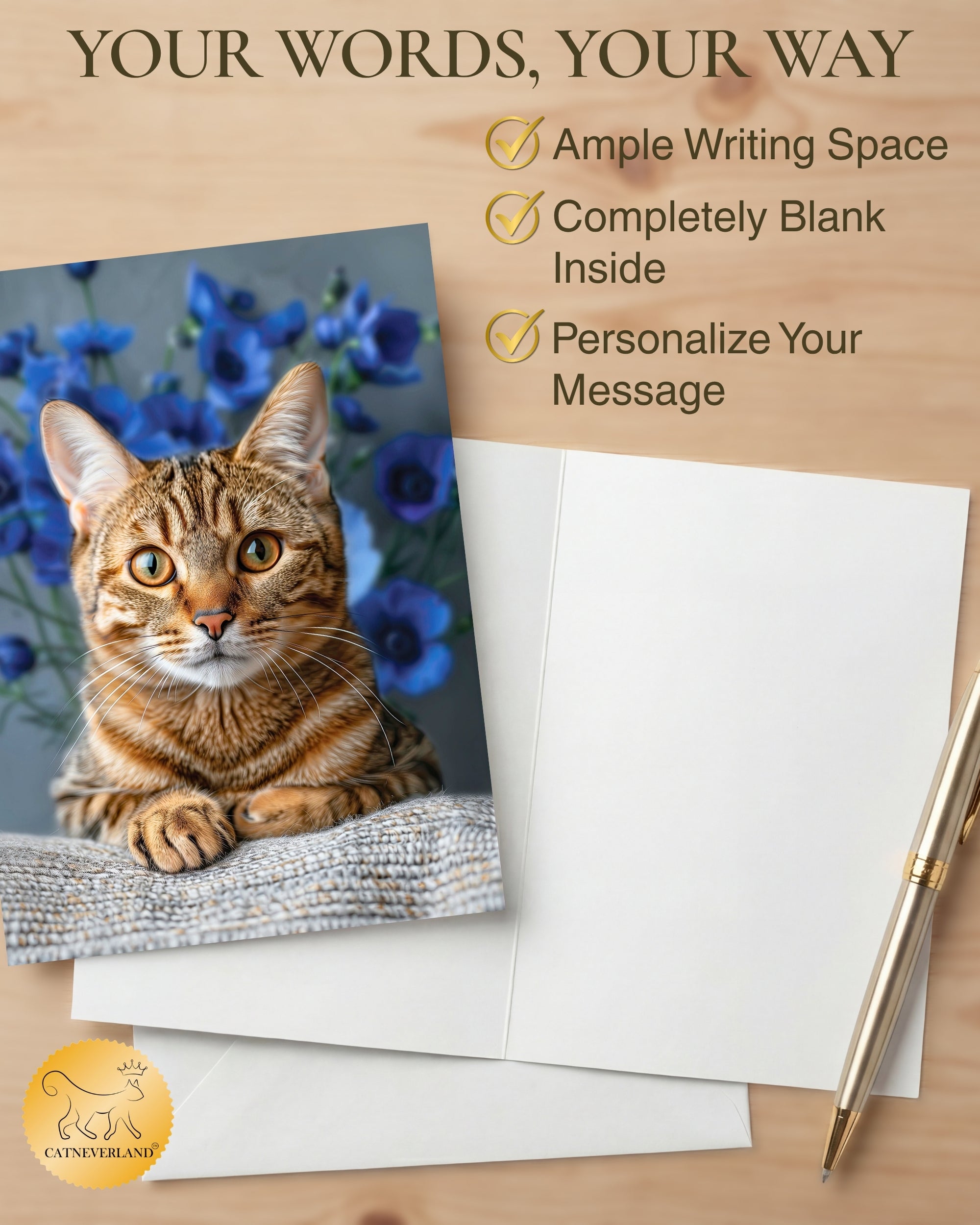 Bengal Cat Greeting Card 5x7 Inch Any Occasion from Cats with Flowers Collection Premium Cardstock Blank Inside White Envelope Great Gift for Cat Lovers