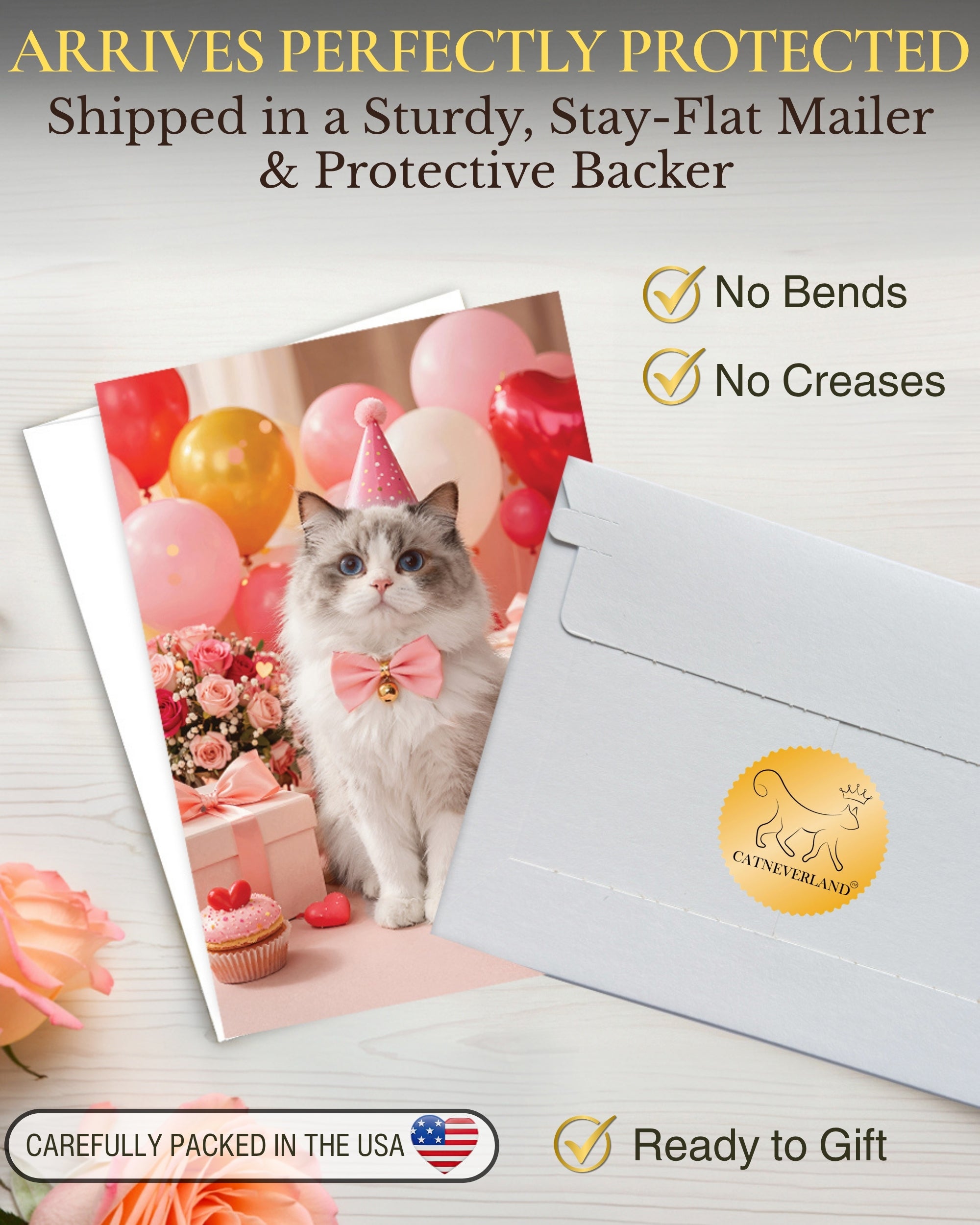 Ragdoll Cat Greeting Card with Roses – Romantic Cat Love Card for Valentine’s Day Anniversary Birthday Sweet Sixteen – Premium 5x7 Blank Card for Pet Lovers