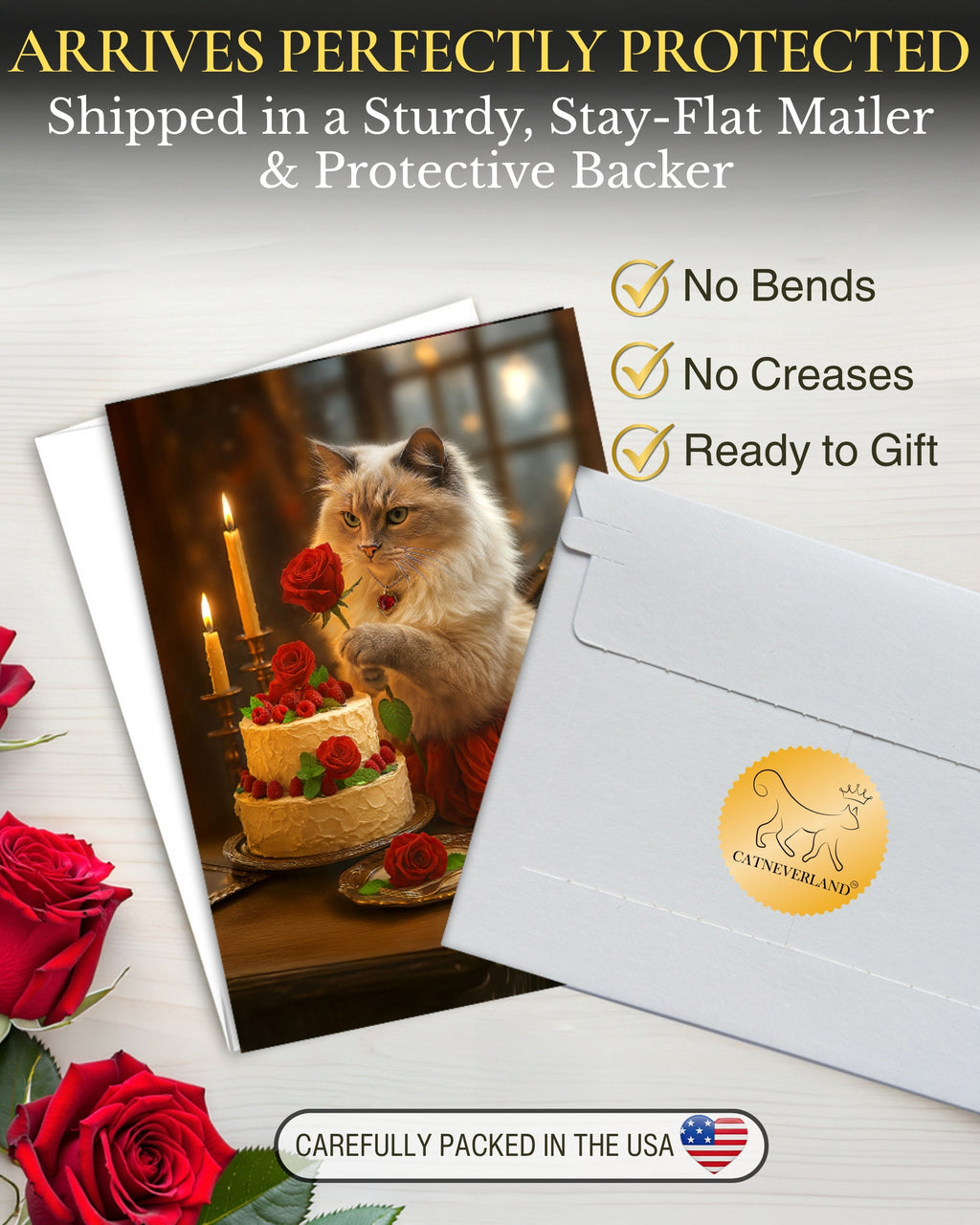 Ragdoll Cat with Cake and Red Rose Greeting Card – Blank Inside – Valentine’s Day, Birthday, Anniversary, or Thinking of You Card – Red Rose Collection by CatNeverland – 5x7 in, White Envelope, Made in USA