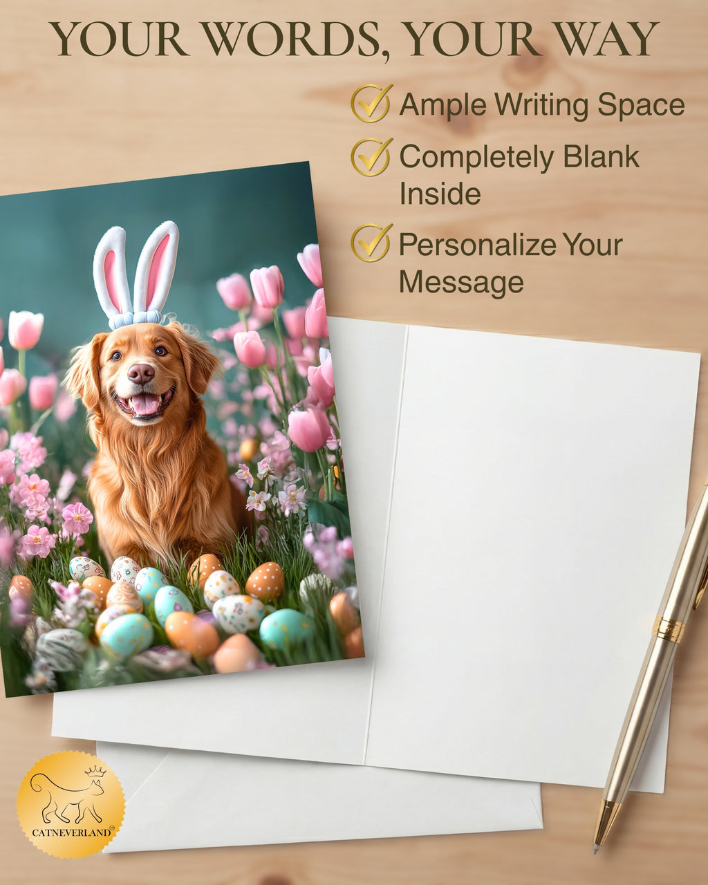 Golden Retriever Easter Greeting Card – Dog with Bunny Ears Surrounded by Easter Eggs and Spring Flowers Premium 5x7” Card with White Envelope Blank Inside Made in USA