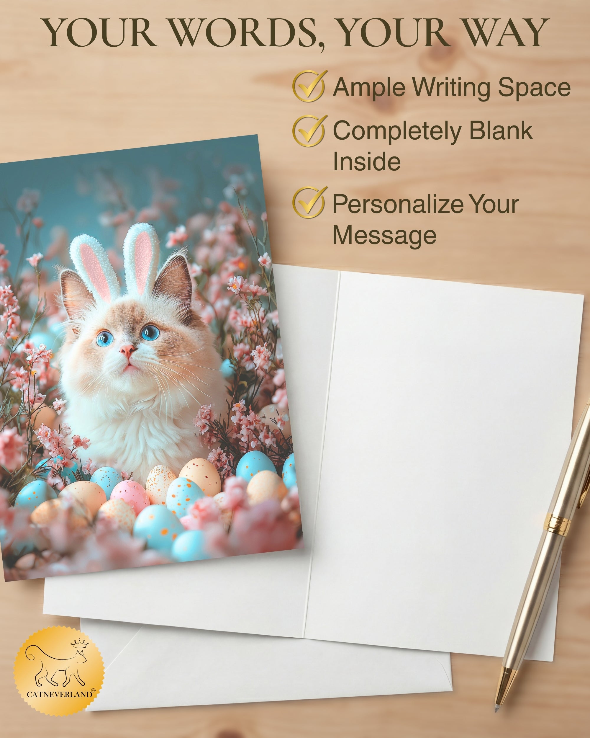 Ragdoll Cat Easter Greeting Card – Cute Cat with Bunny Ears Surrounded by Easter Eggs and Spring Flowers Premium 5x7” Card with White Envelope Blank Inside Made in USA