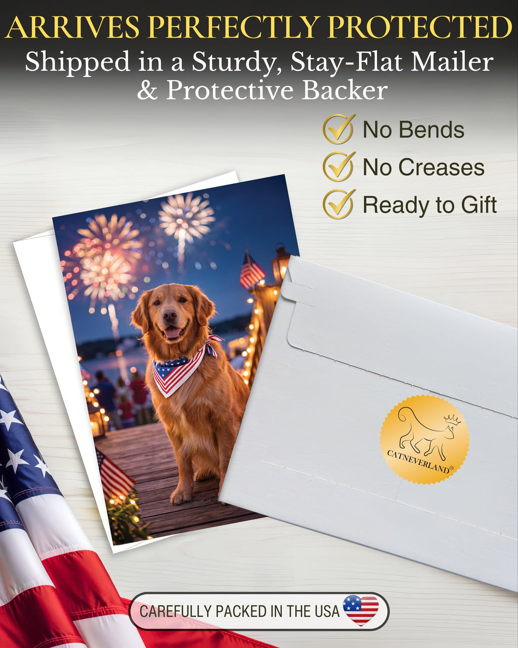 Golden Retriever 4th of July Greeting Card – Patriotic Dog Card with Fireworks – Premium 5x7 Independence Day Card with White Envelope – Blank Inside – Made in USA