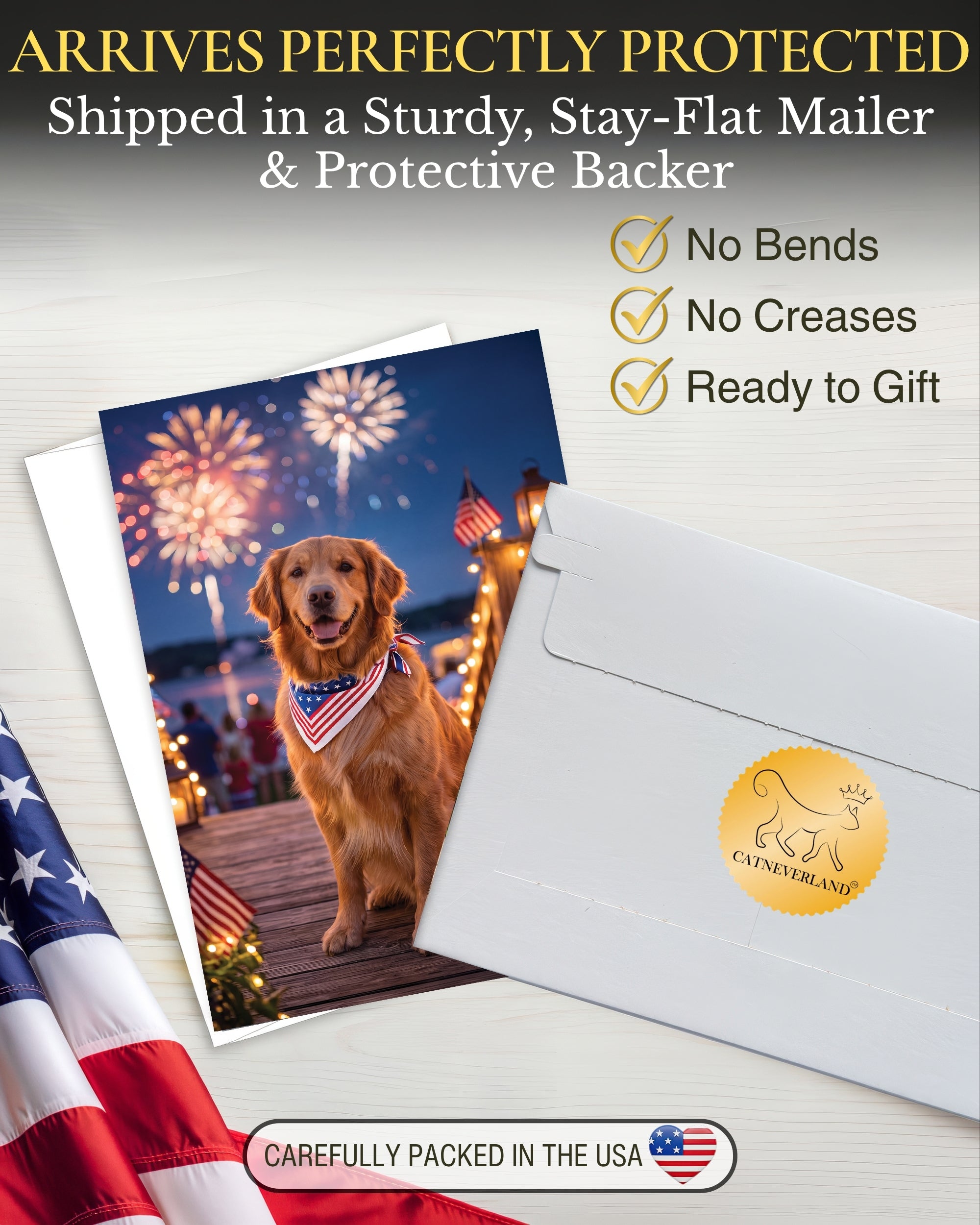 Golden Retriever 4th of July Greeting Card – Patriotic Dog Card with Fireworks – Premium 5x7 Independence Day Card with White Envelope – Blank Inside – Made in USA