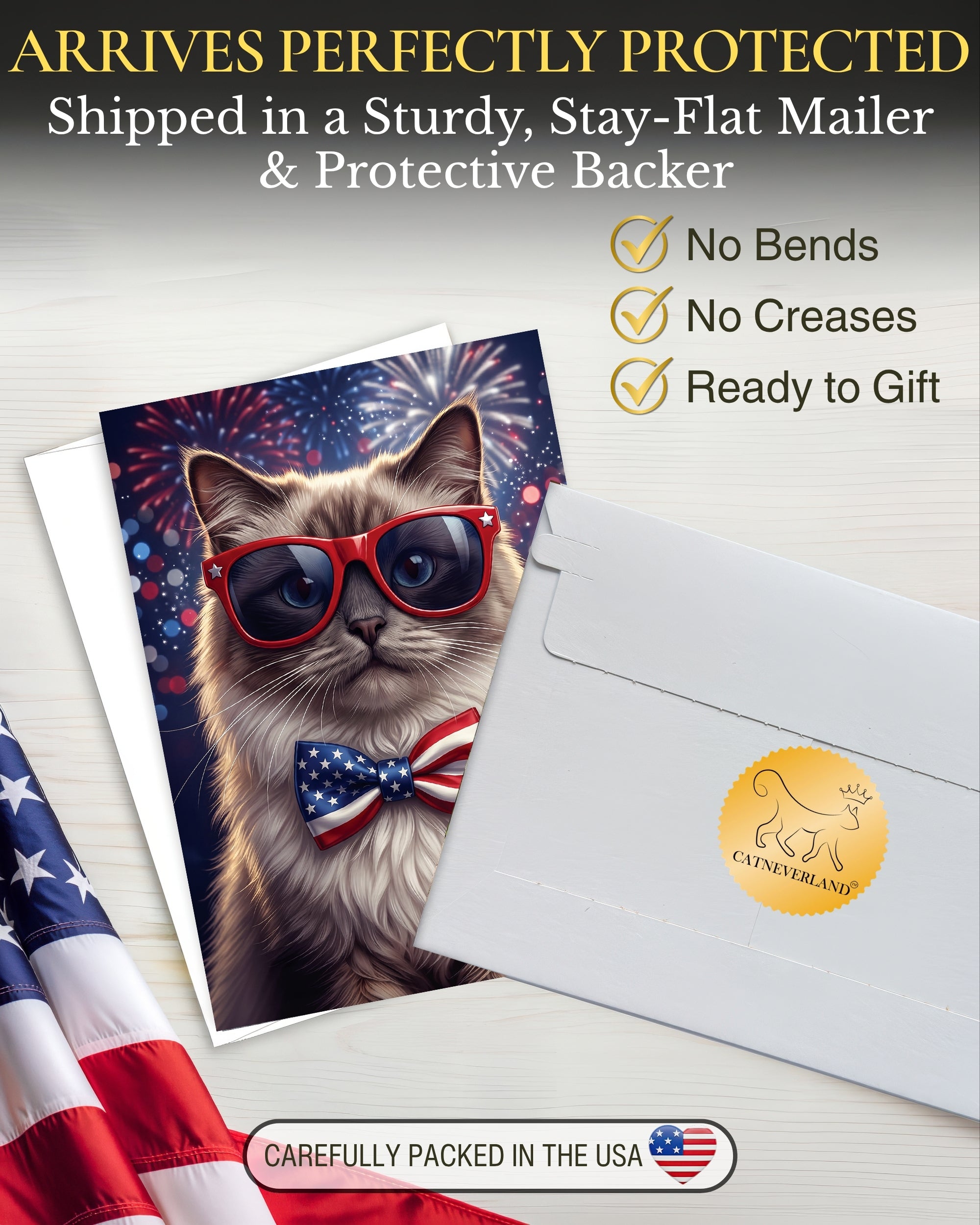 Ragdoll Cat 4th of July Greeting Card – Patriotic Cat with American Flag Bow Tie & Sunglasses – Premium 5x7 Independence Day Card with White Envelope – Blank Inside – Made in USA