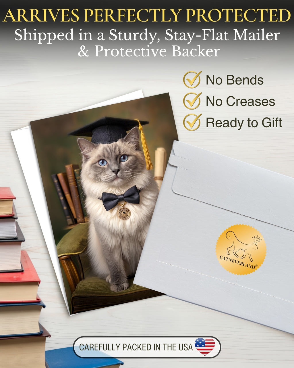 Ragdoll Cat Graduation Greeting Card 5x7” – Cute Cat in Cap & Bow Tie Congrats Card for Graduate – High School College Graduation Card with Envelope Blank Inside Made in USA