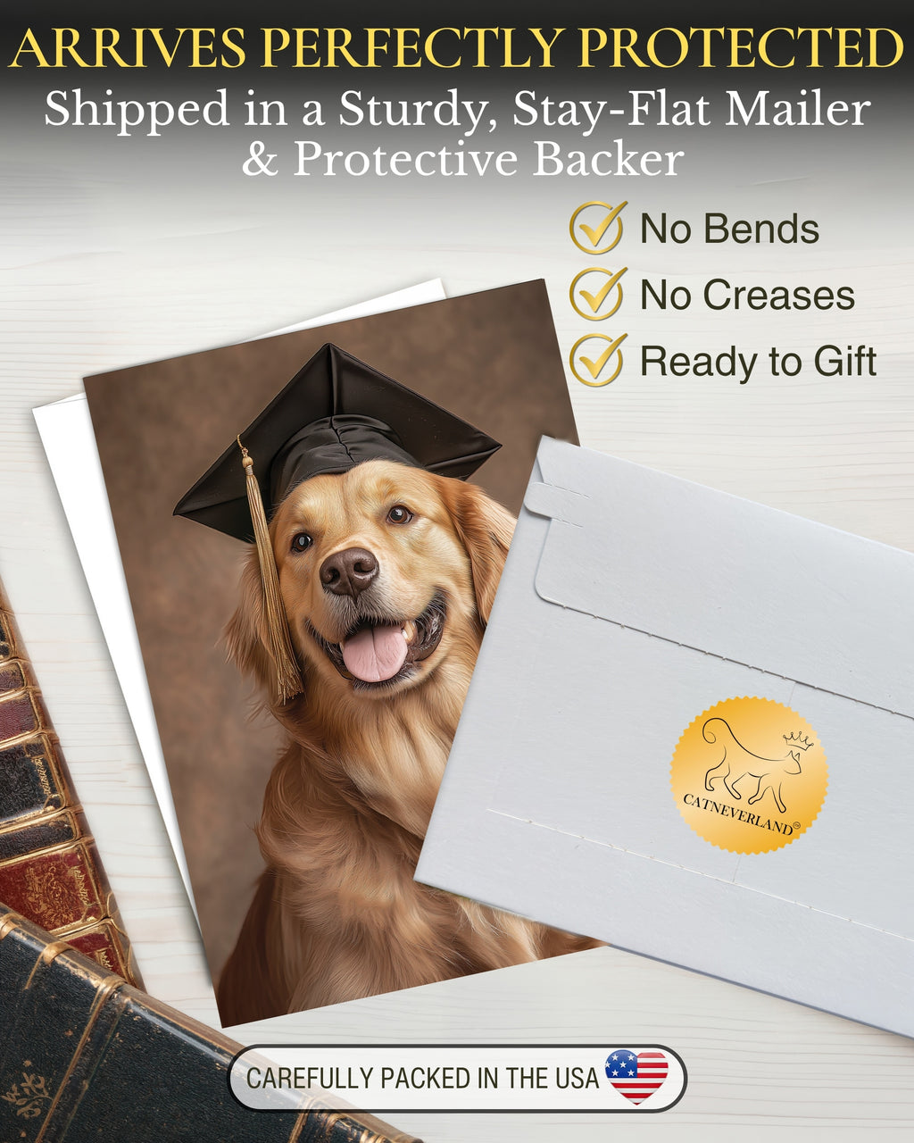 Golden Retriever Graduation Card – 5x7 Dog Greeting Card with White Envelope – Blank Inside – Pet Lover Gift – Made in USA – Frameable Keepsake