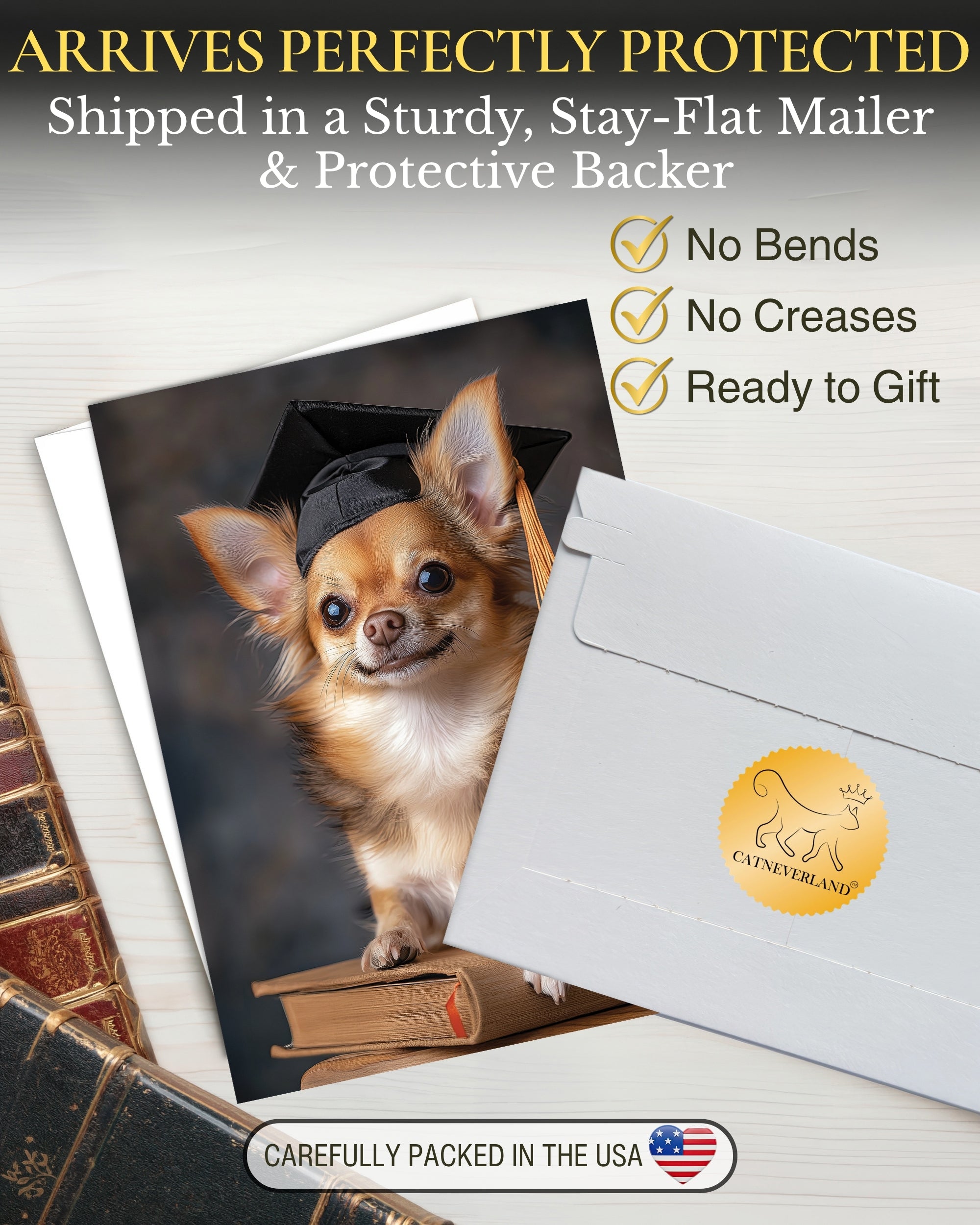 Chihuahua Graduation Card – 5x7 Dog Greeting Card with White Envelope – Blank Inside – Funny Pet Lover Gift – Made in USA – Frameable Keepsake