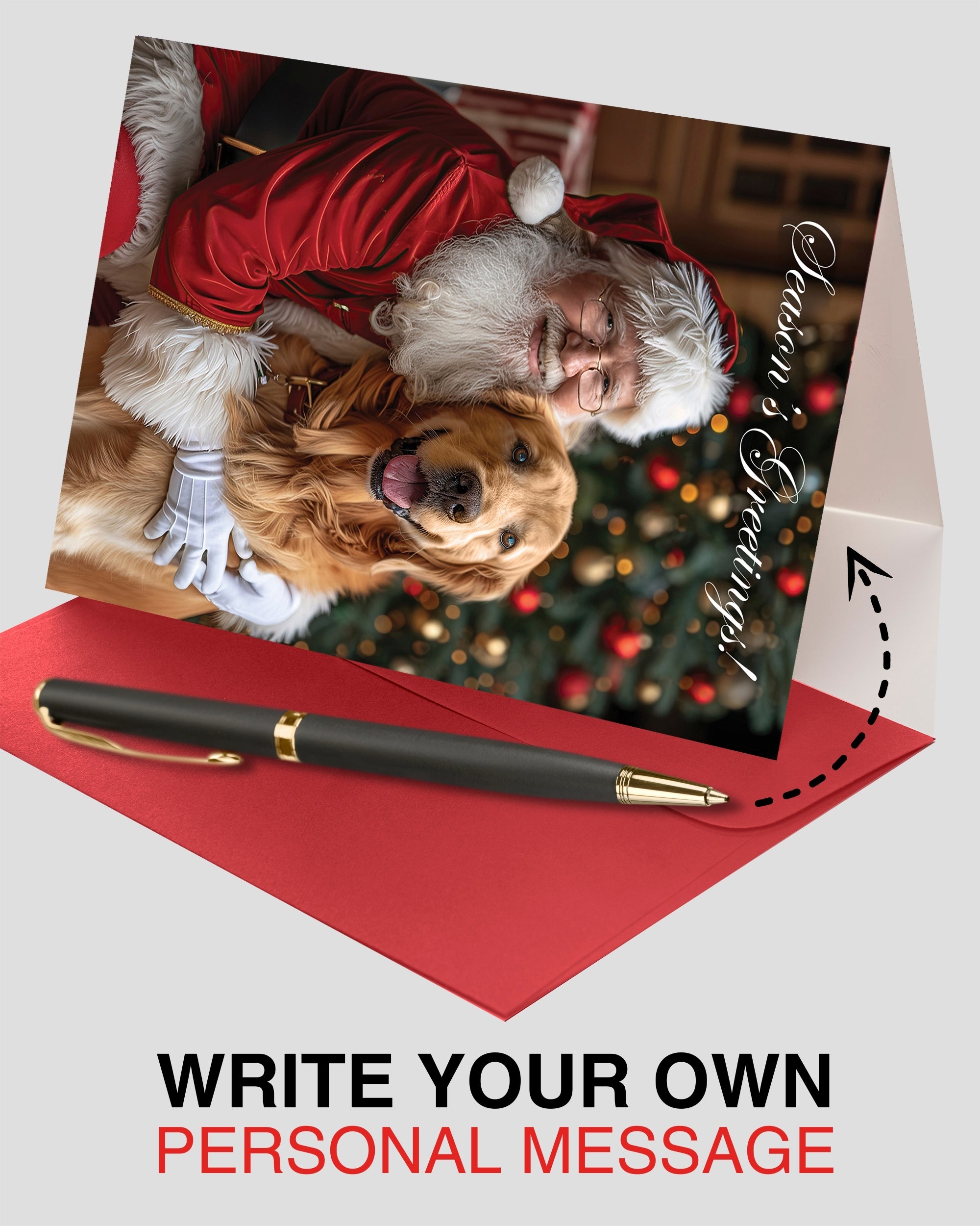 Santa with Golden Retriever Holiday Christmas Greeting Card, Blank Inside, Premium Cardstock, Red Envelope, Unique Artwork, Made by Small Pet-Friendly Business in USA