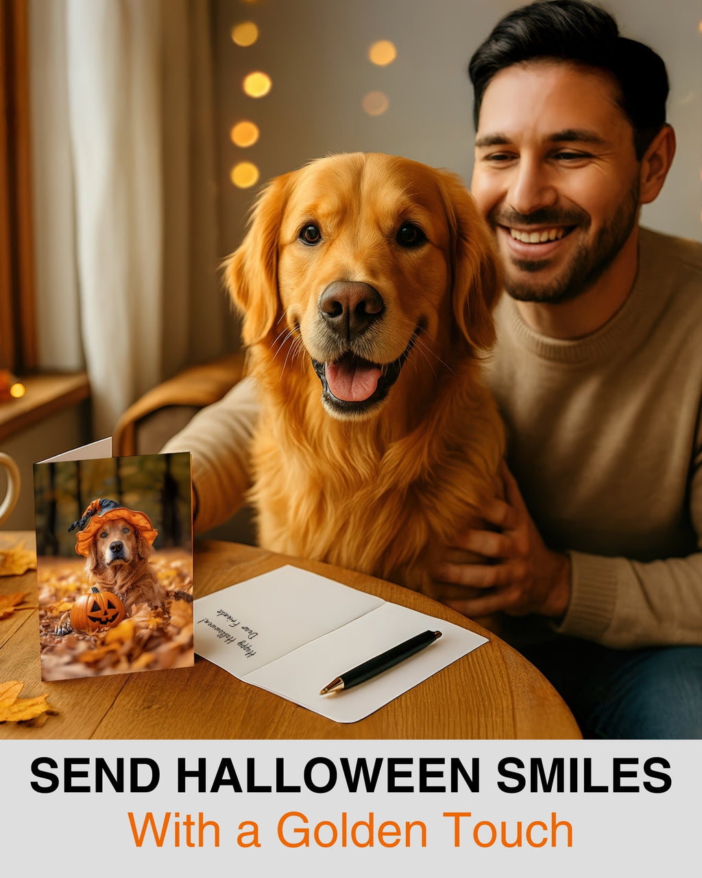 Golden Retriever Happy Halloween Greeting Card – Cute Dog in Costume with Pumpkin – Premium 5x7 Card with White Envelope – Pet Lovers Holiday Card – Made in USA