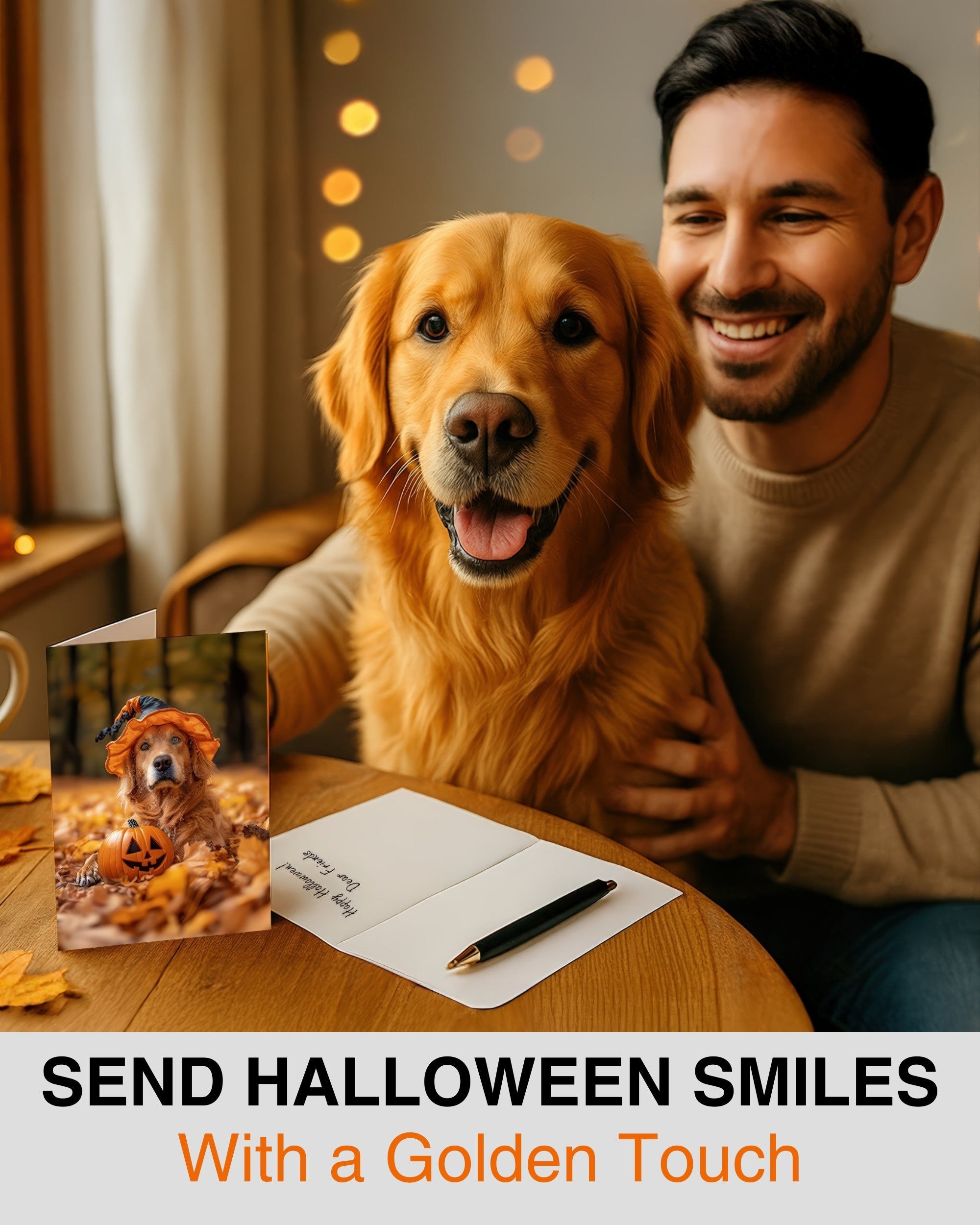 Golden Retriever Happy Halloween Greeting Card – Cute Dog in Costume with Pumpkin – Premium 5x7 Card with White Envelope – Pet Lovers Holiday Card – Made in USA