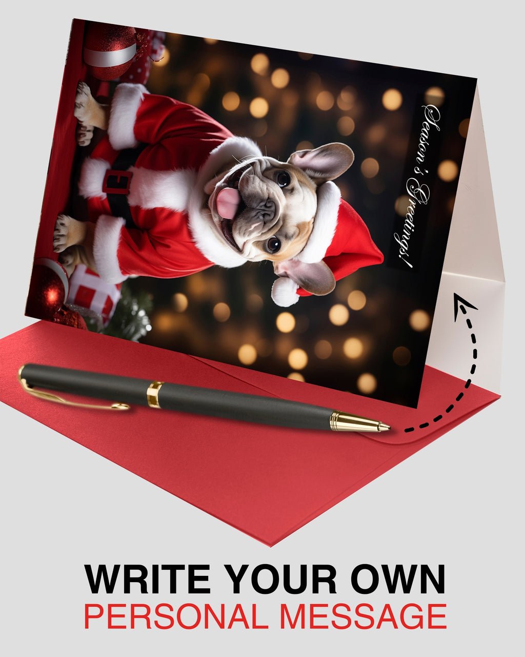 Festive French Bulldog Seasons Greetings Holiday Card - Unique Artwork from Dogs for Christmas Collection, Blank Inside, Premium Cardstock, Red Envelope, Made by Pet-Friendly Small Business in USA
