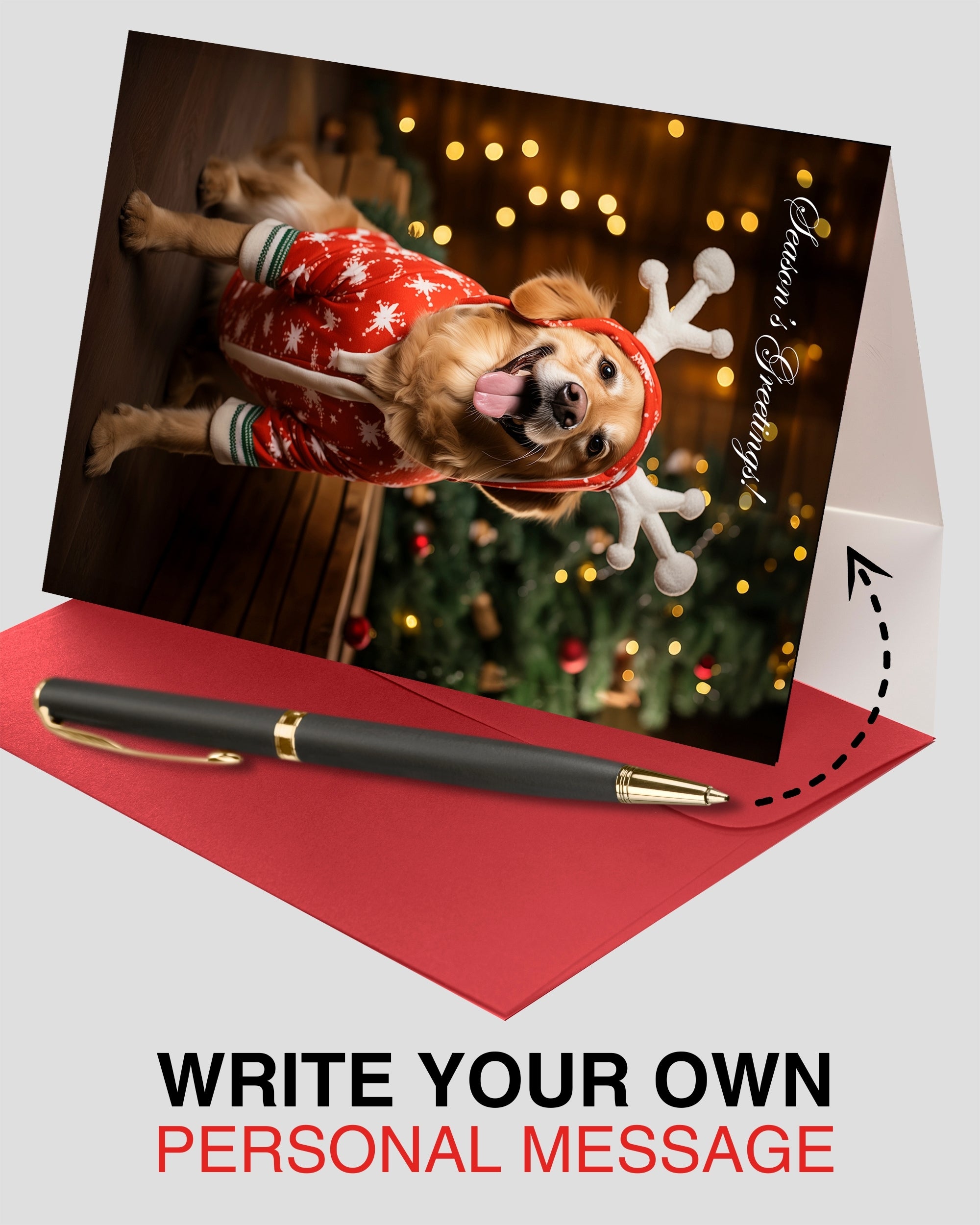 Charming Golden Retriever Reindeer Holiday Card from Dogs for Christmas Collection, Blank Inside, Premium Cardstock, Red Envelope, Made by Pet-Friendly Small Business in USA