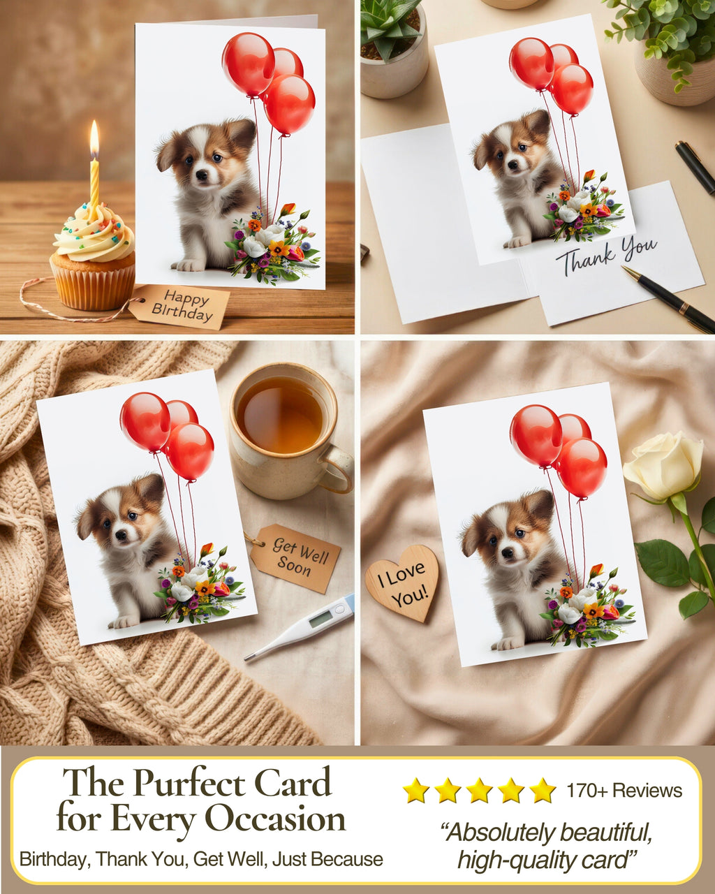Puppy with Red Balloons and Flowers All Occasions Greeting Card from Unique Dogs Party Delights Collection Large 5x7 Inch Blank Inside with Envelope