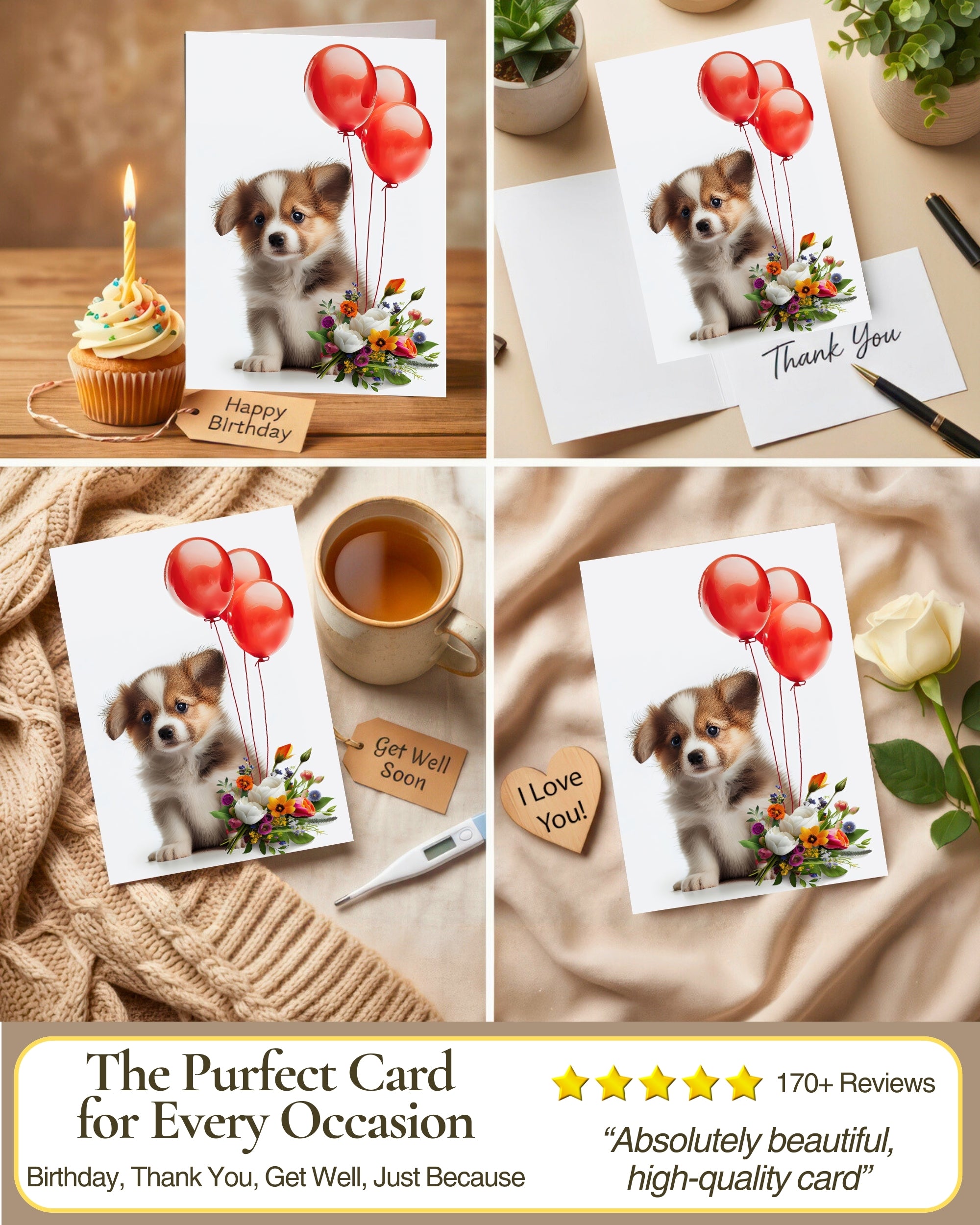 Puppy with Red Balloons and Flowers All Occasions Greeting Card from Unique Dogs Party Delights Collection Large 5x7 Inch Blank Inside with Envelope