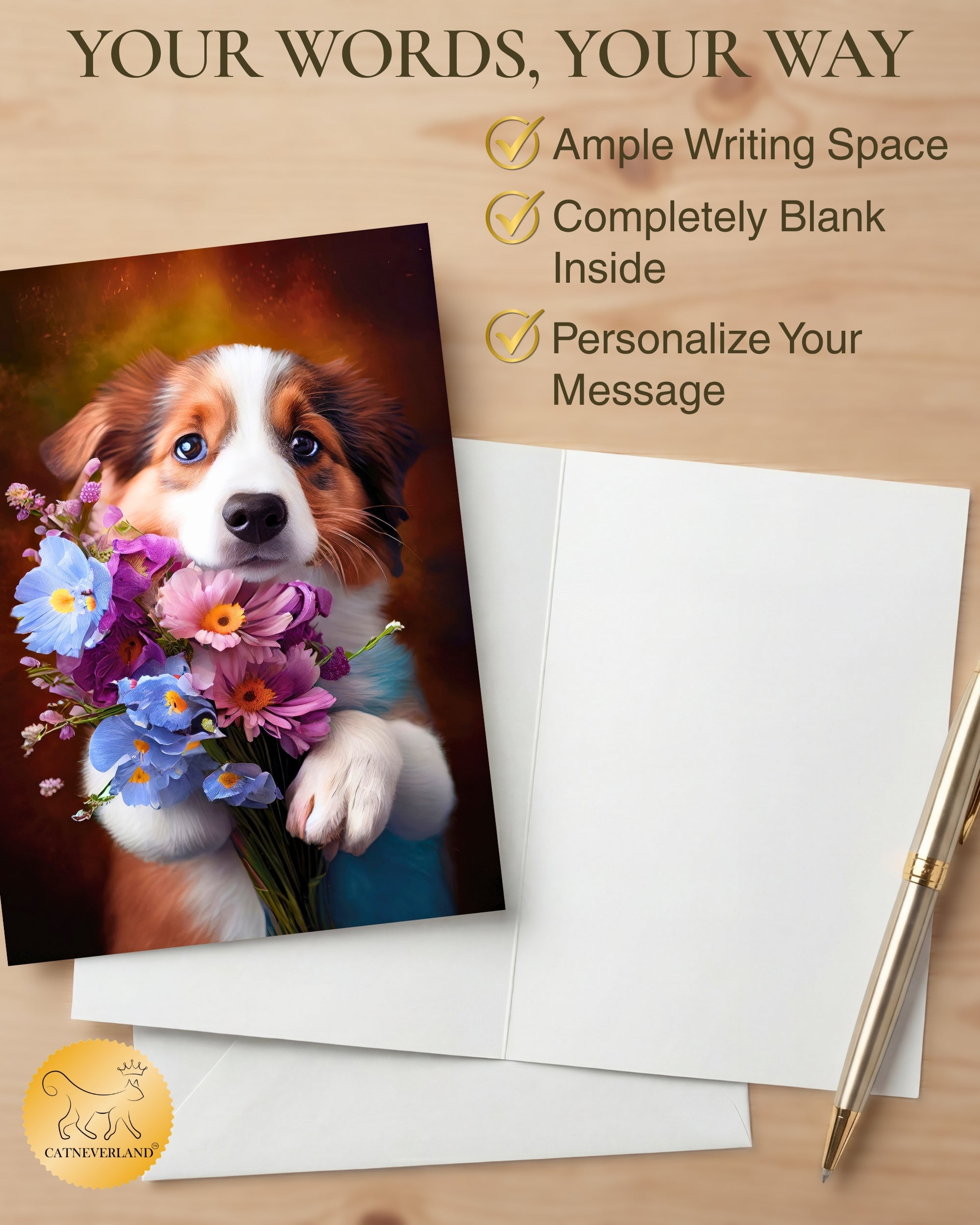 Australian Shepherd with Flowers All Occasions Greeting Card from Unique Dogs Party Delights Collection Large 5x7 Inch Blank Inside with White Envelope