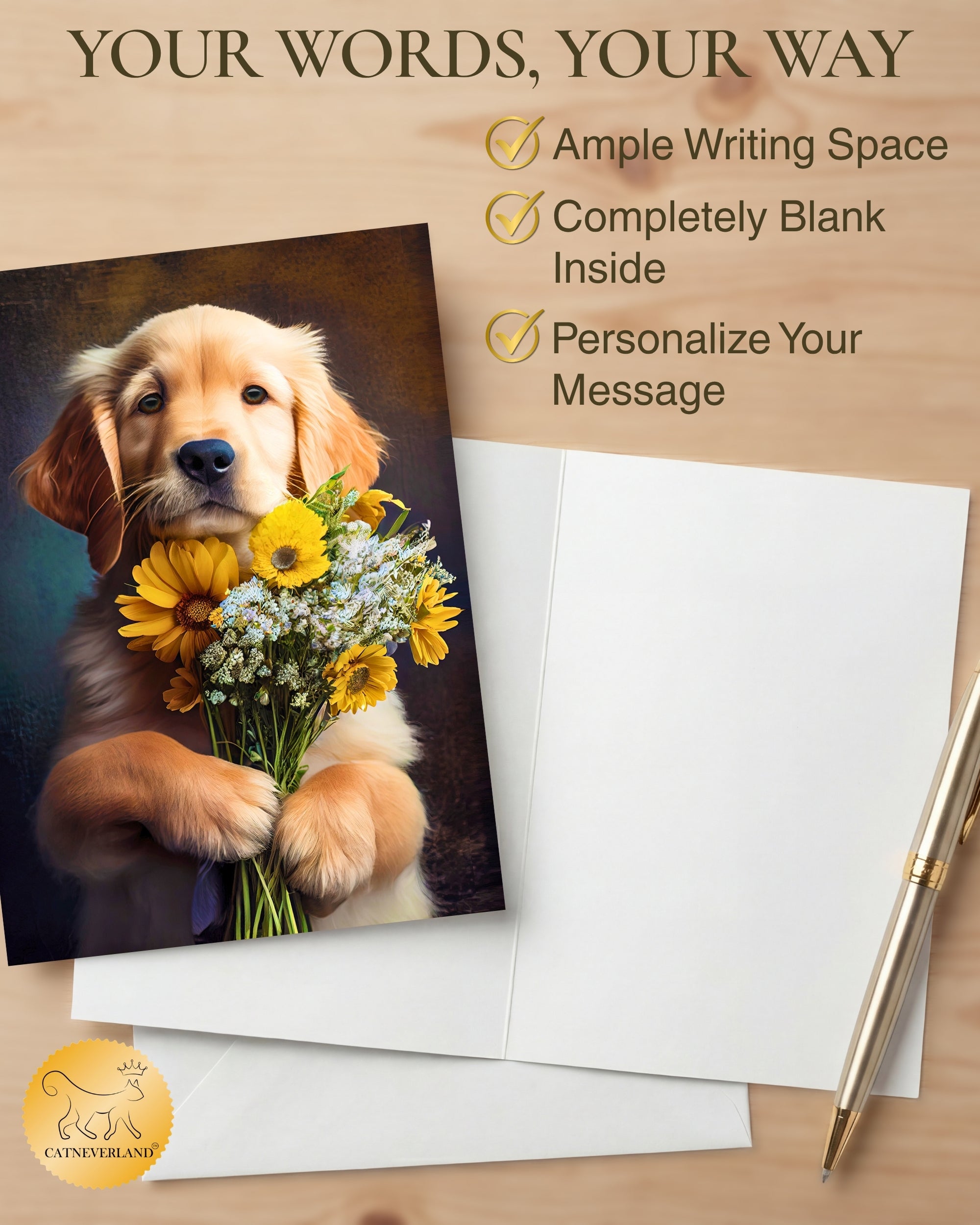 Golden Retriever with Flowers All Occasions Greeting Card - Dog with Flowers from Unique Dogs Party Delights Collection - Large 5x7 Inch - Blank Inside with White Envelope
