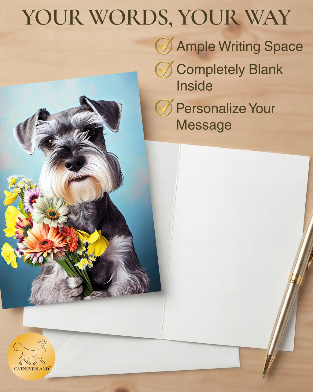 Schnauzer with Flowers All Occasions Greeting Card from Unique Dogs Party Delights Collection Large 5x7 Inch Blank Inside with Envelope