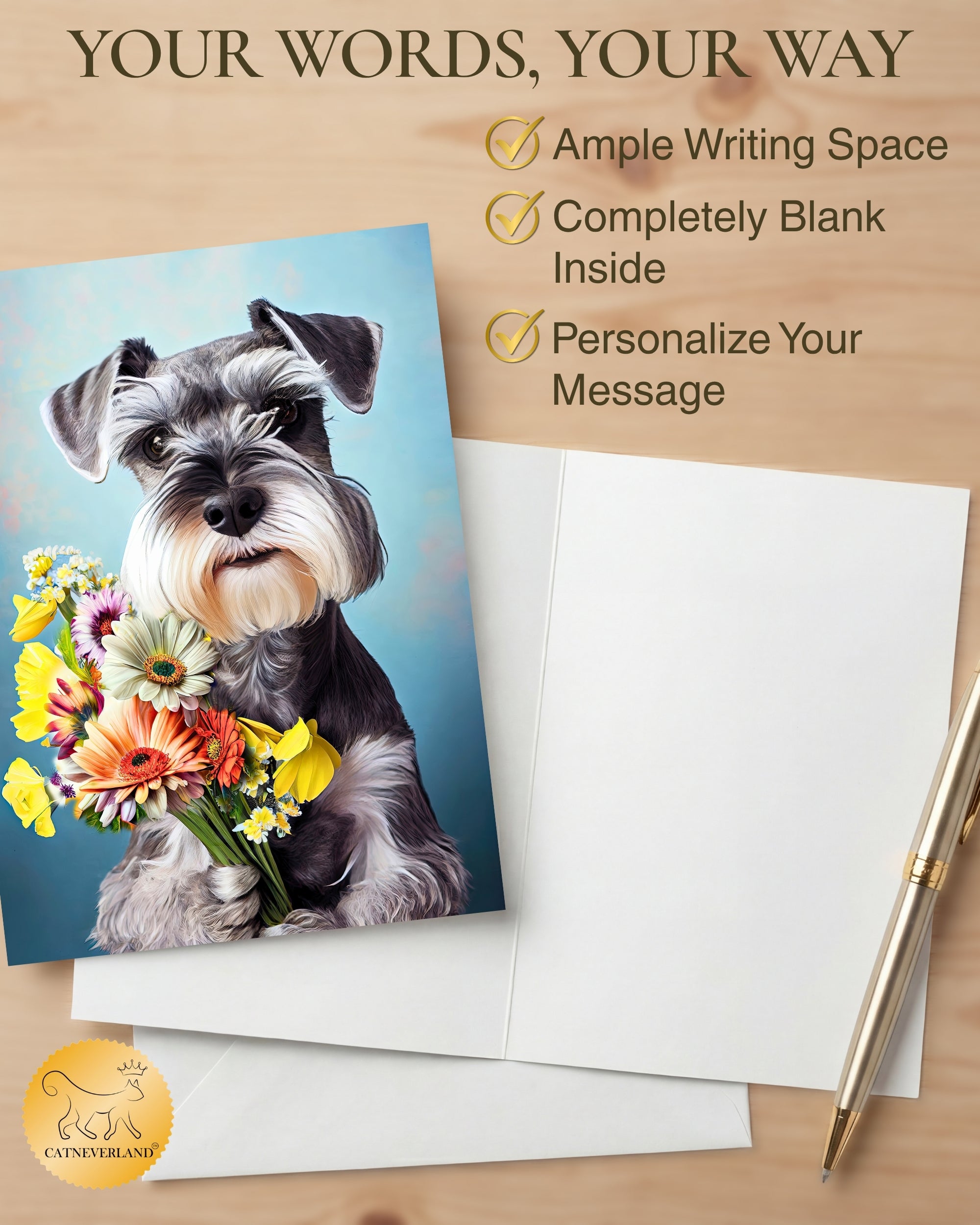Schnauzer with Flowers All Occasions Greeting Card from Unique Dogs Party Delights Collection Large 5x7 Inch Blank Inside with Envelope