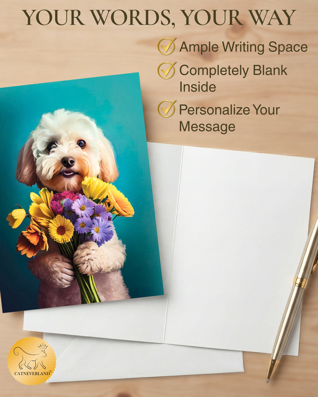 White Poodle with Flowers All Occasions Greeting Card from Unique Dogs Party Delights Collection Large 5x7 Inch Blank Inside with White Envelope