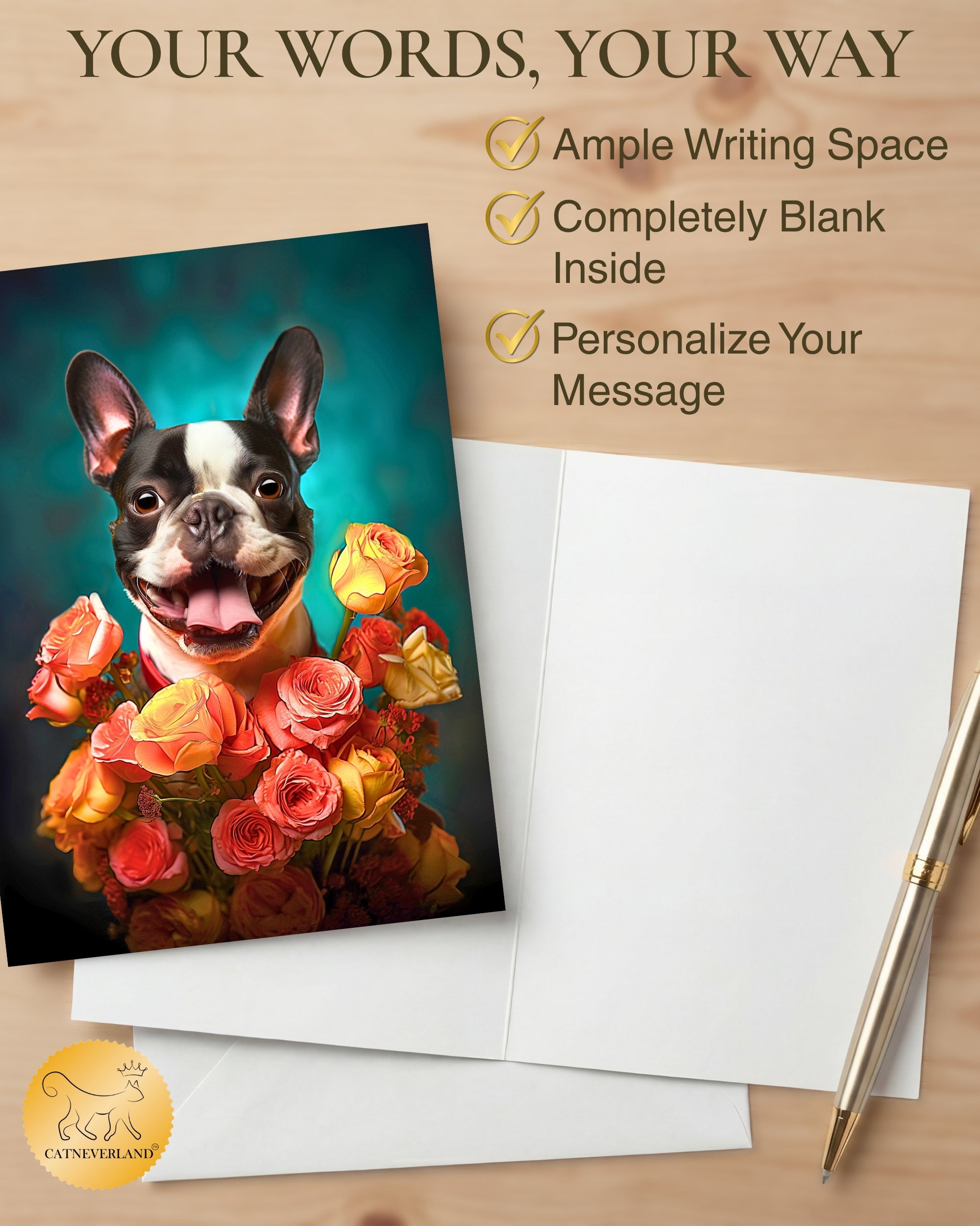 Boston Terrier with Flowers All Occasions Greeting Card from Unique Dog Party Delights Collection Large 5x7 Inch Blank Inside with White Envelope