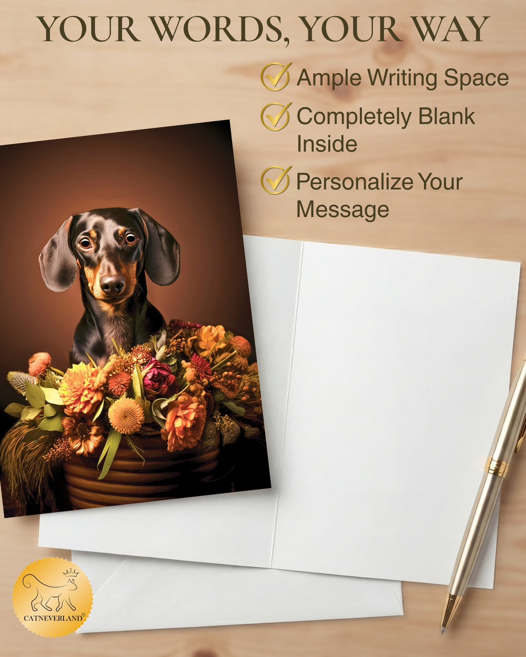 Dachshund with Flowers All Occasions Greeting Card from Unique Dogs Party Delights Collection Large 5x7 Inch Blank Inside with White Envelope