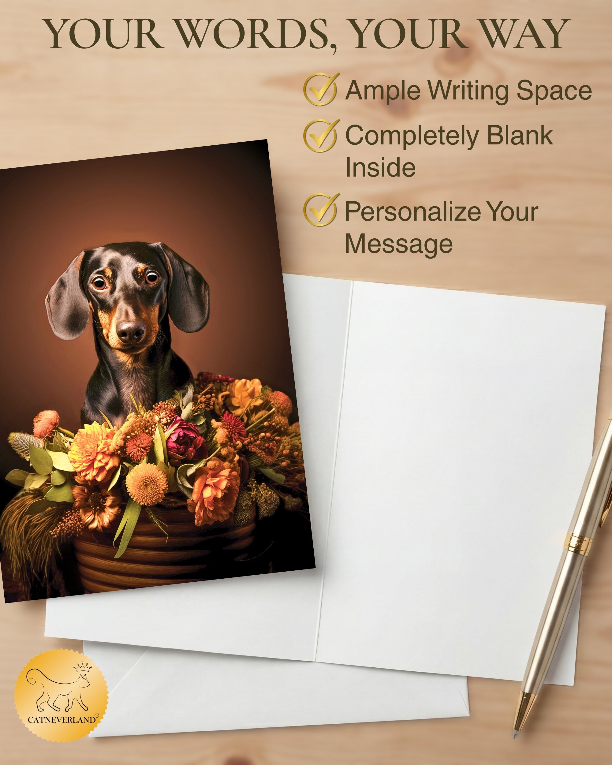 Dachshund with Flowers All Occasions Greeting Card from Unique Dogs Party Delights Collection Large 5x7 Inch Blank Inside with White Envelope