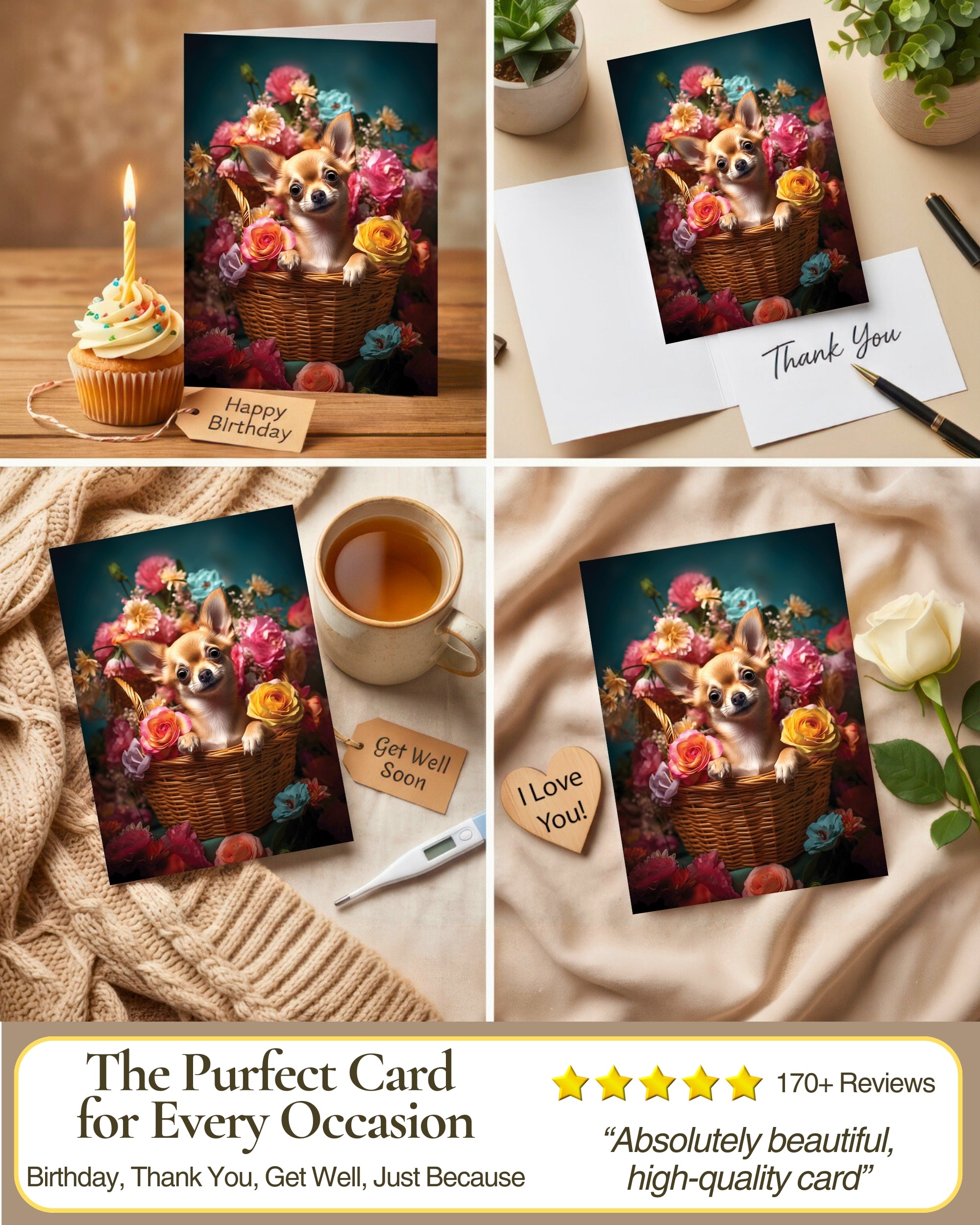 Chihuahua with Flowers All Occasions Greeting Card from Unique Dogs Party Delights Collection Large 5x7 Inch Blank Inside with Envelope