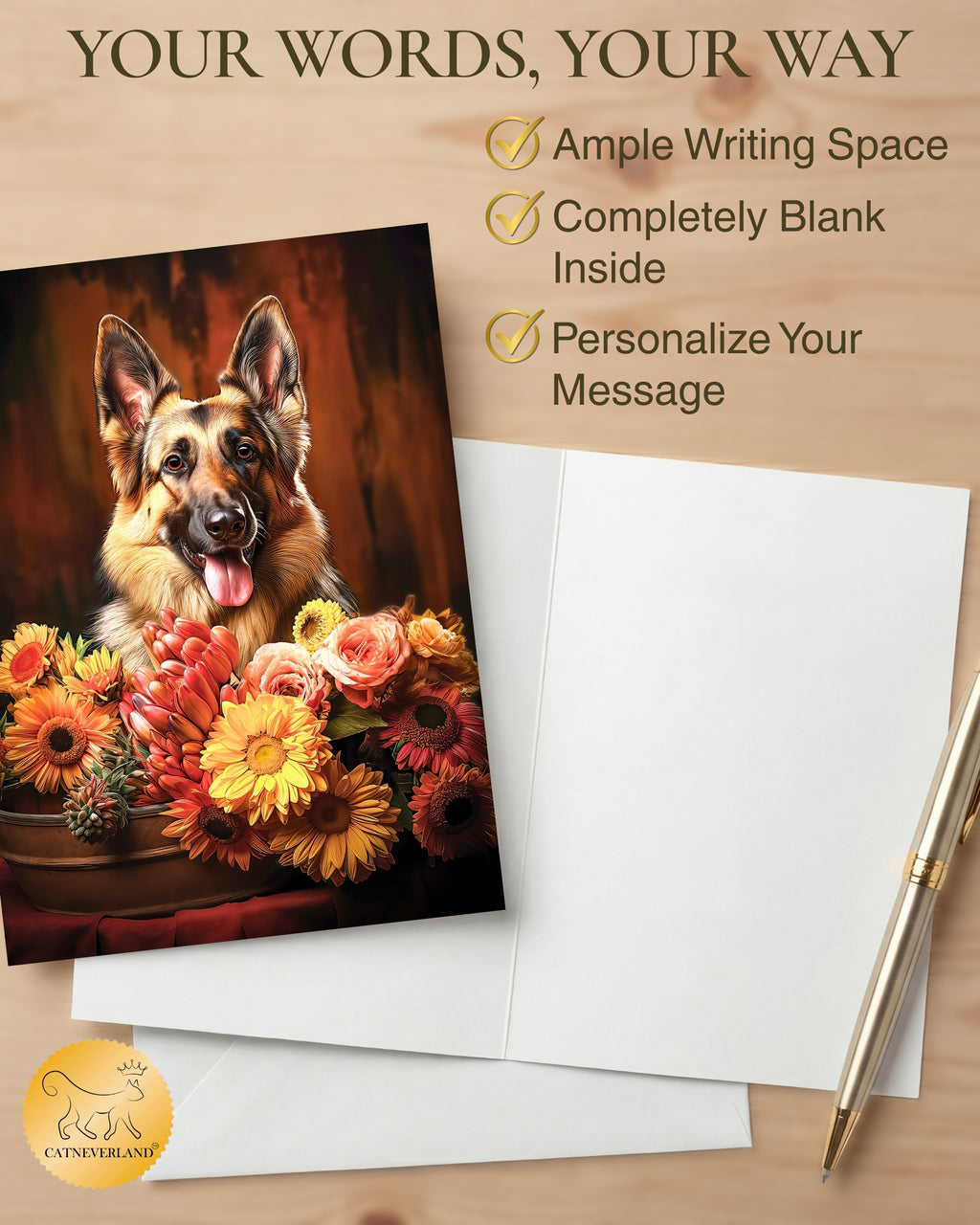 German Shepherd with Flowers All Occasions Greeting Card from Unique Dogs Party Delights Collection Large 5x7 Inch Blank Inside with White Envelope