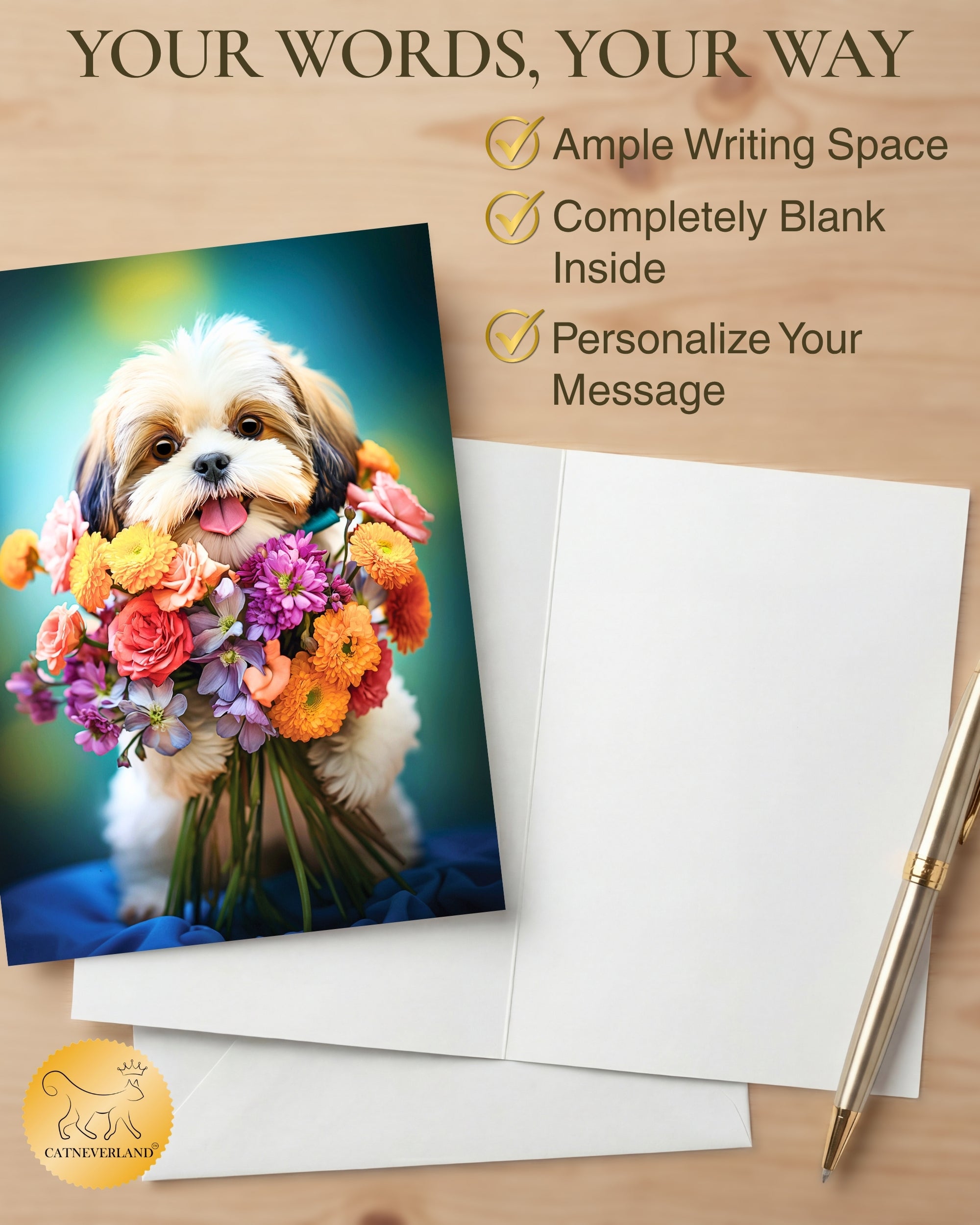Shih Tzu with Flower All Occasions Greeting Card - 5x7 Inch, Collection Dogs with Flowers, Premium Cardstock, Blank Inside, White A7 Envelope, Eco-Friendly