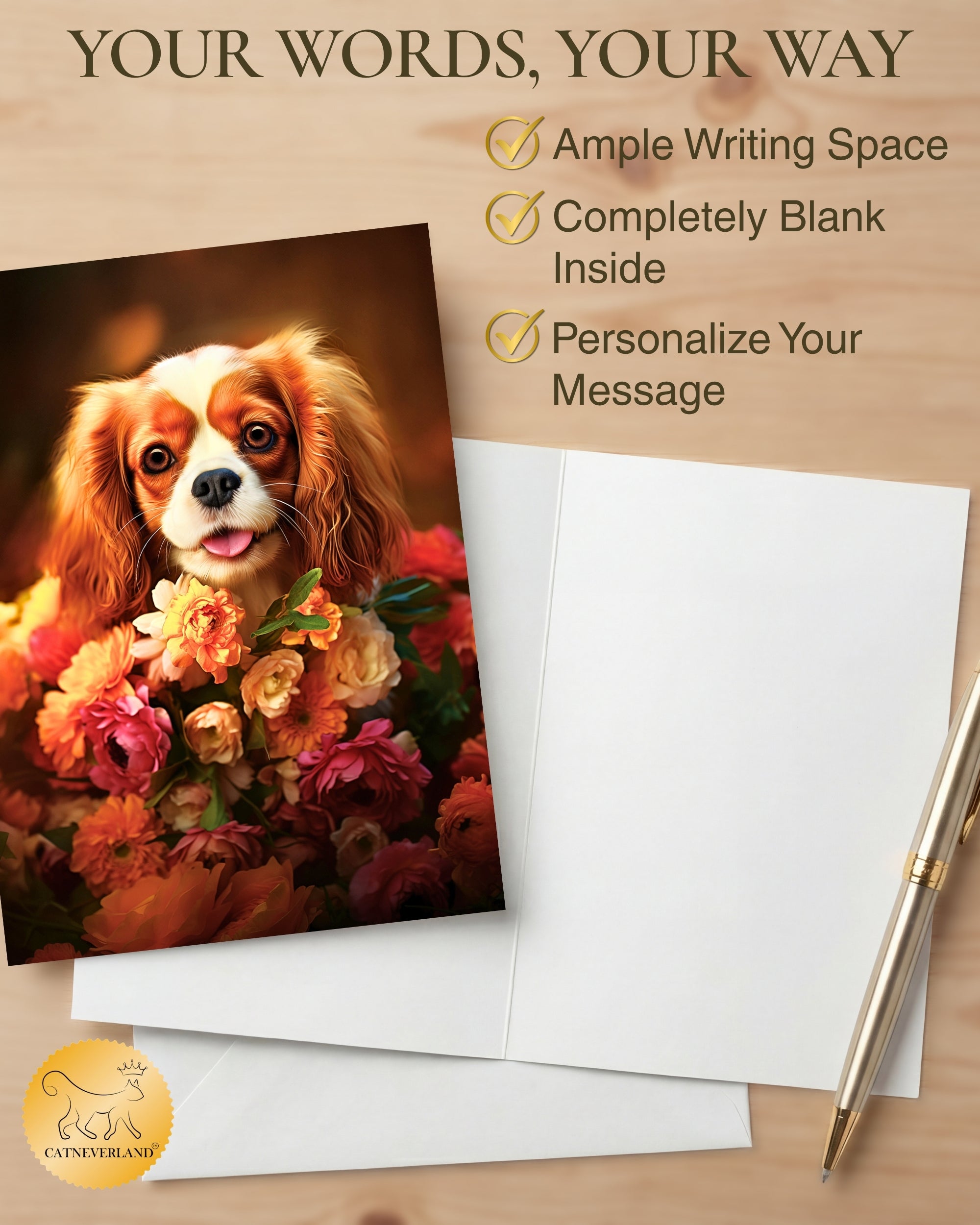 Cavalier King Charles Spaniel with Flowers All Occasions Greeting Card - Dog with Flowers from Unique Dogs Party Delights Collection - Large 5x7 Inch - Blank Inside with A7 Invitation Style White