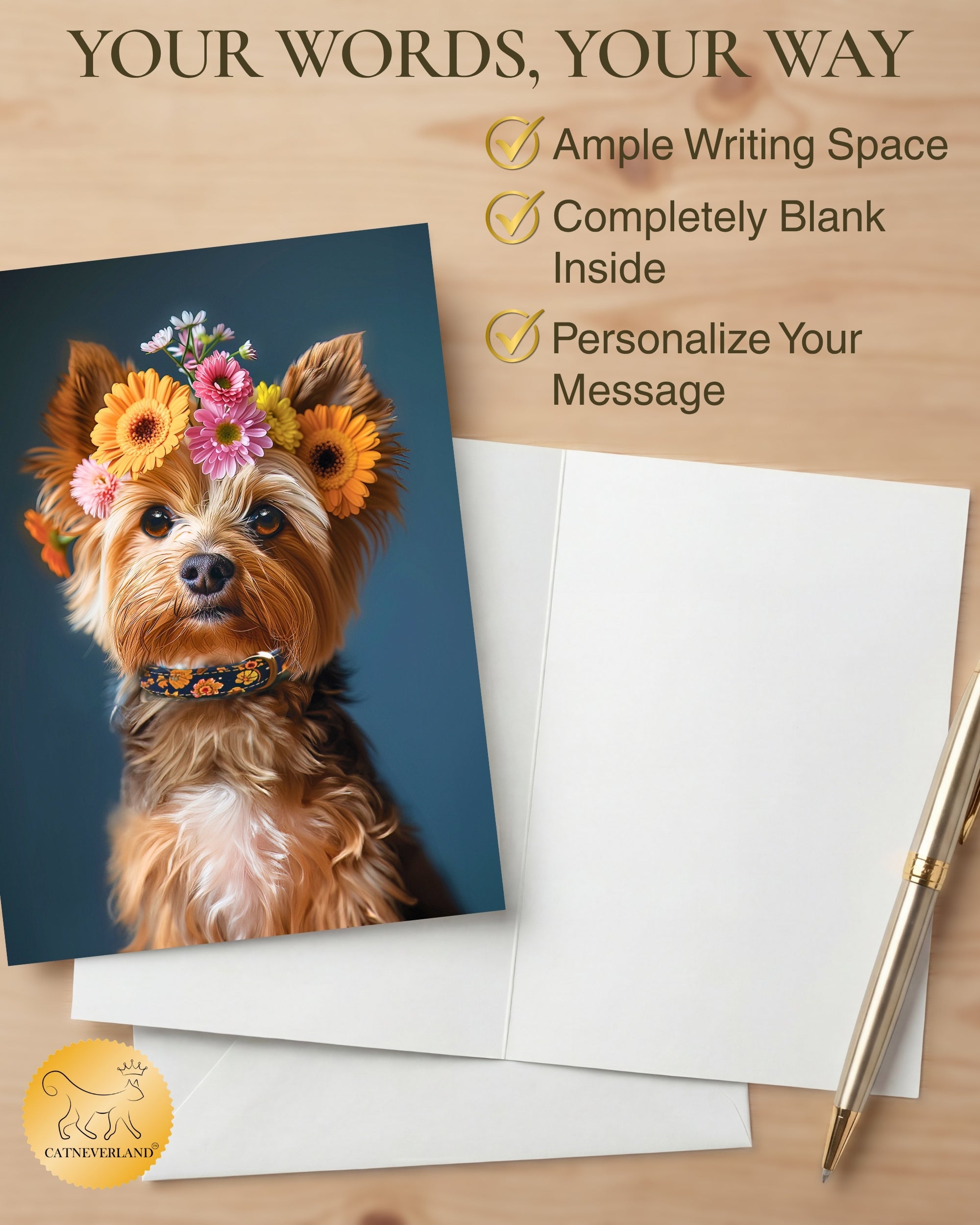 Yorkshire Terrier with Flower Crown All Occasions Greeting Card from Unique Dogs Party Delights Collection Large 5x7 Inch Blank Inside with Envelope
