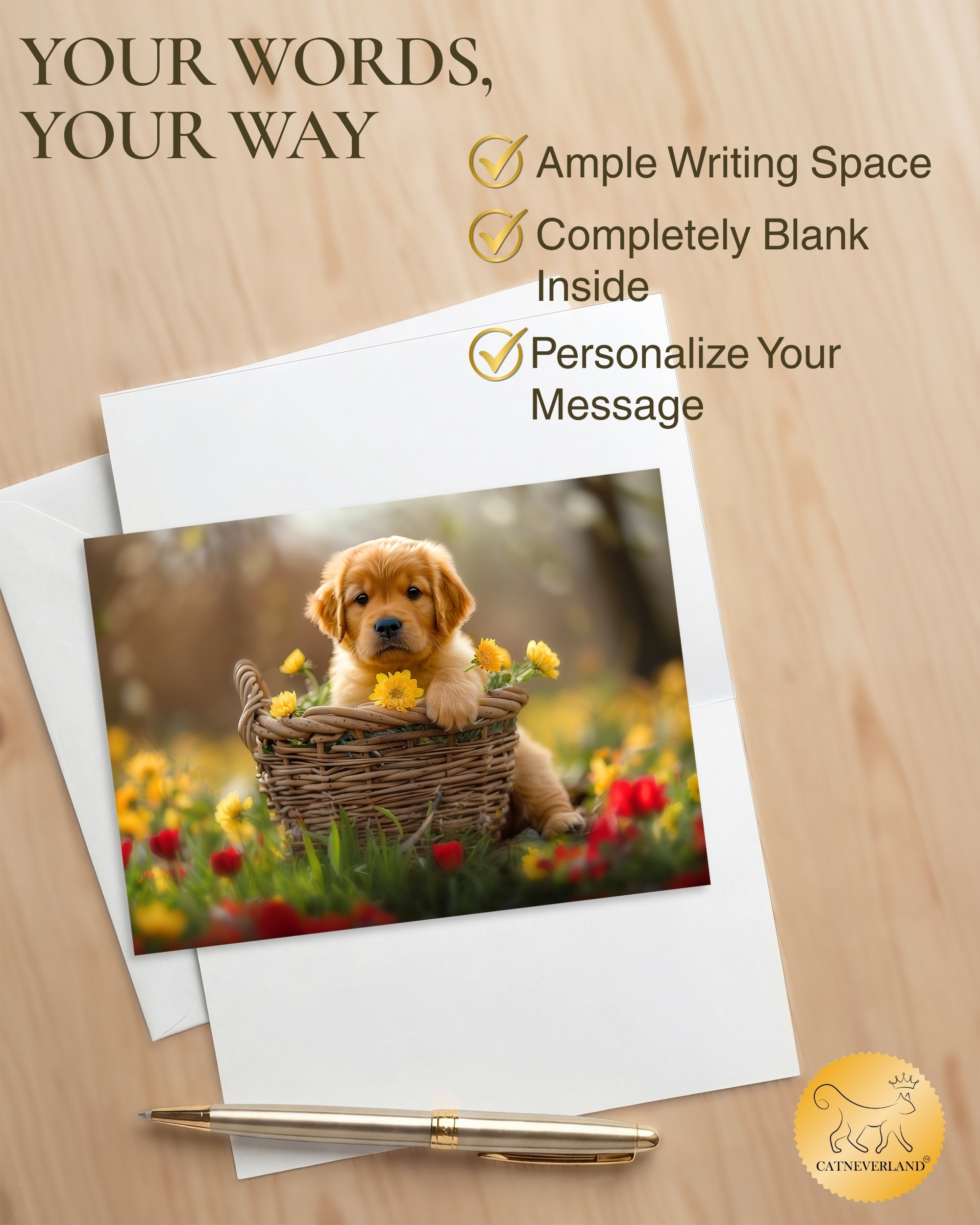 Golden Retriever Puppy All Occasions Greeting Card - Dog with Flowers from Unique Dogs Party Delights Collection - Large 5x7 Inch - Blank Inside with White Envelope