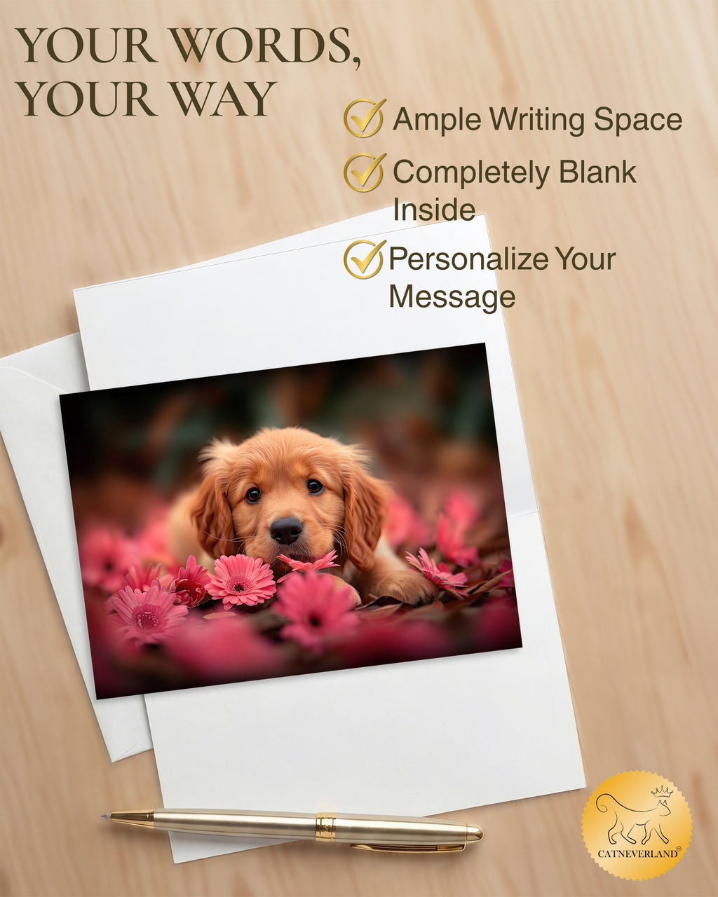 Golden Retriever Puppy with Pink Flowers All Occasions Greeting Card from Unique Dogs Party Delights Collection Large 5x7 Inch Blank Inside with Envelope