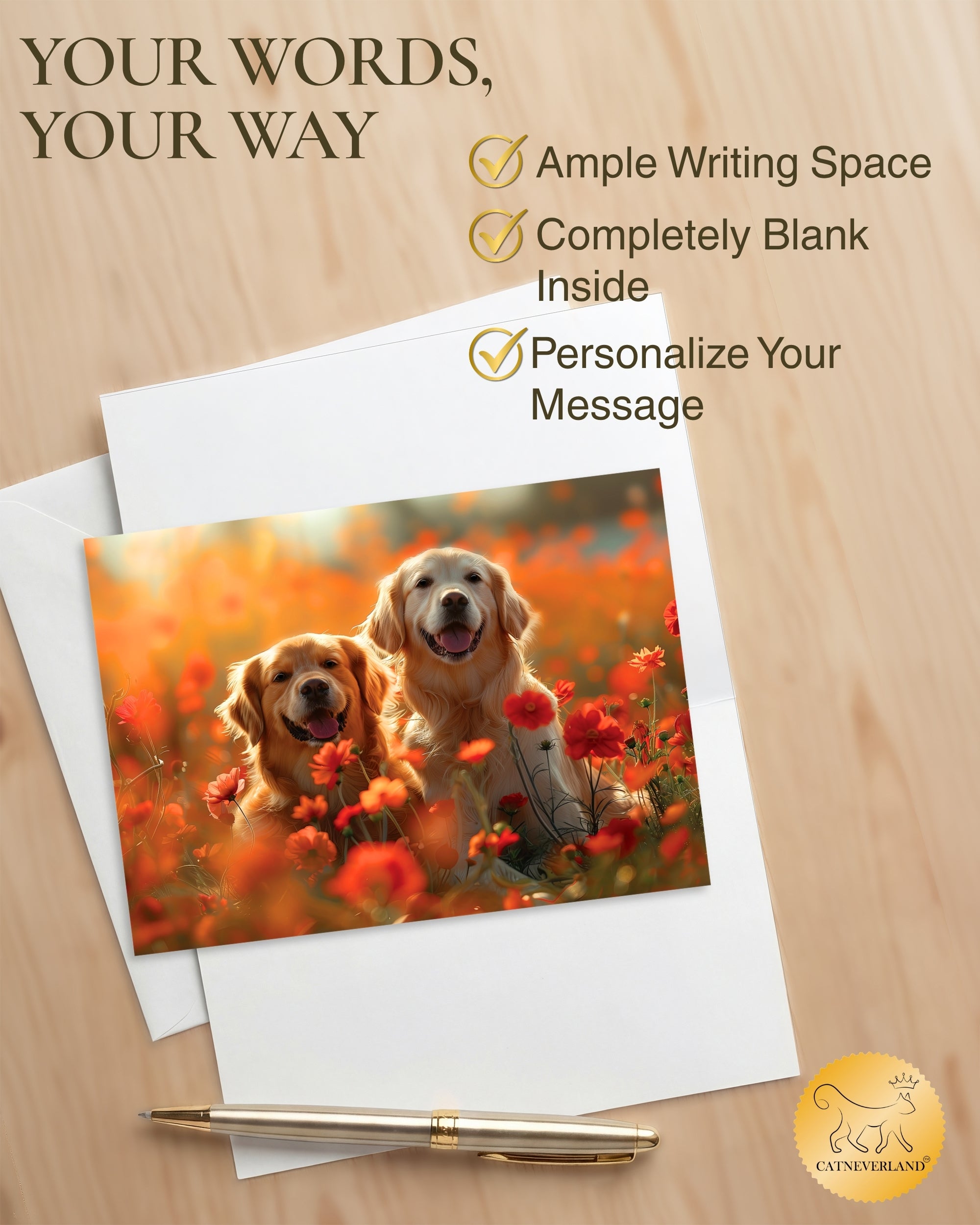 Golden Retrievers in Flower Garden All Occasions Greeting Card from Unique Dogs Party Delights Collection Large 5x7 Inch Blank Inside with Envelope
