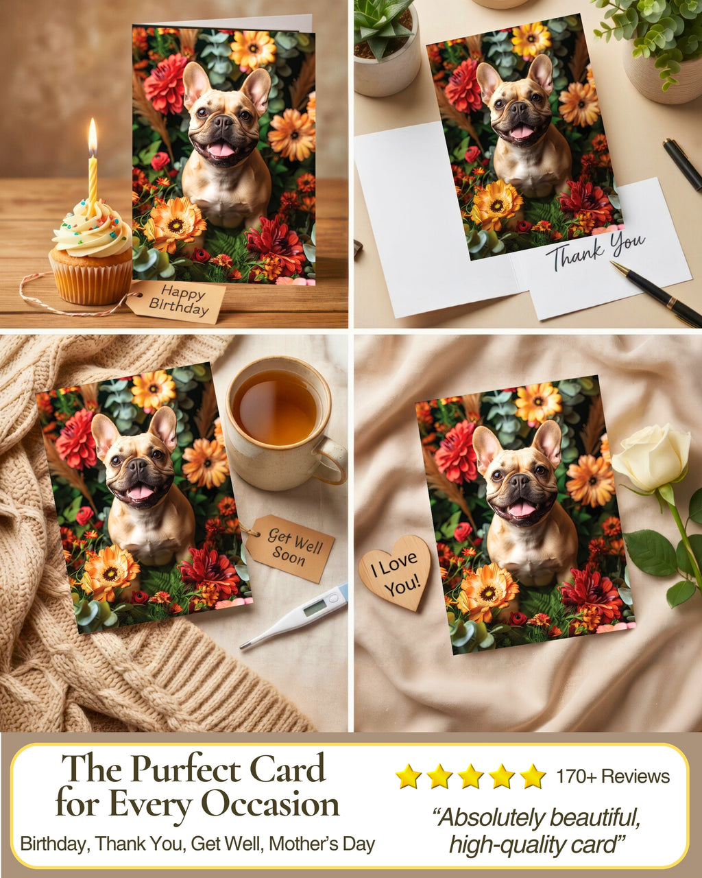 French Bulldog with Flowers All Occasions Greeting Card - Dog with Flowers from Unique Dogs Party Delights Collection - Large 5x7 Inch - Blank Inside with White Envelope
