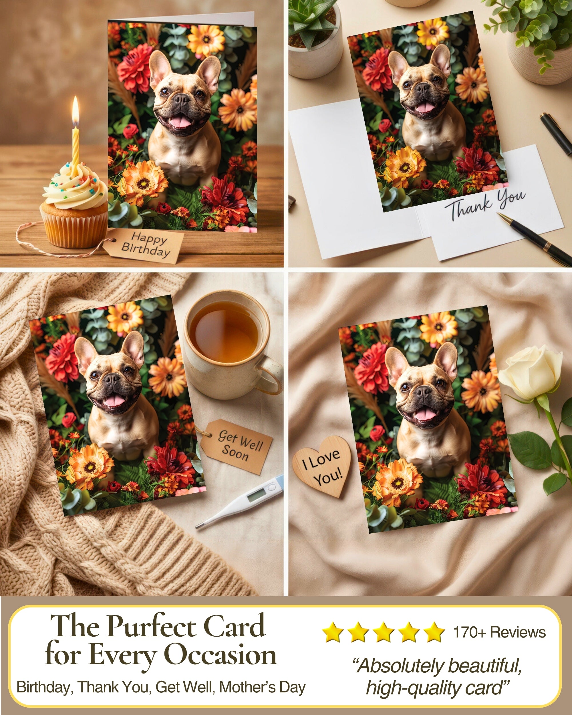 French Bulldog with Flowers All Occasions Greeting Card - Dog with Flowers from Unique Dogs Party Delights Collection - Large 5x7 Inch - Blank Inside with White Envelope
