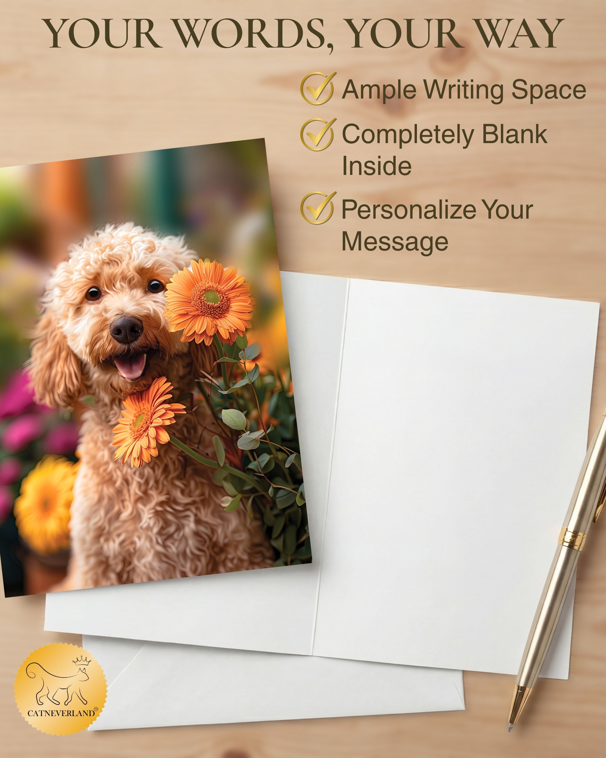 Goldendoodle with Orange Flowers All Occasions Greeting Card from Unique Dogs Party Delights Collection Large 5x7 Inch Blank Inside with Envelope