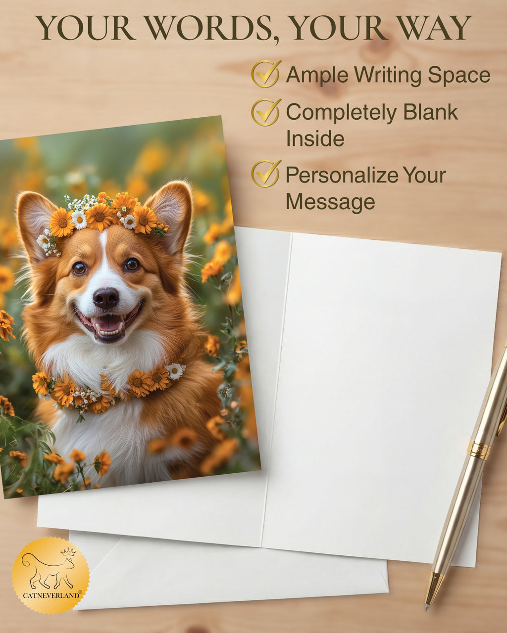 Charming Corgi with Flowers Greeting Card - Blank Inside for Personalized Messages, Premium Cardstock, Invitation Style White Envelope, Unique Artwork, Made by Small Business in USA