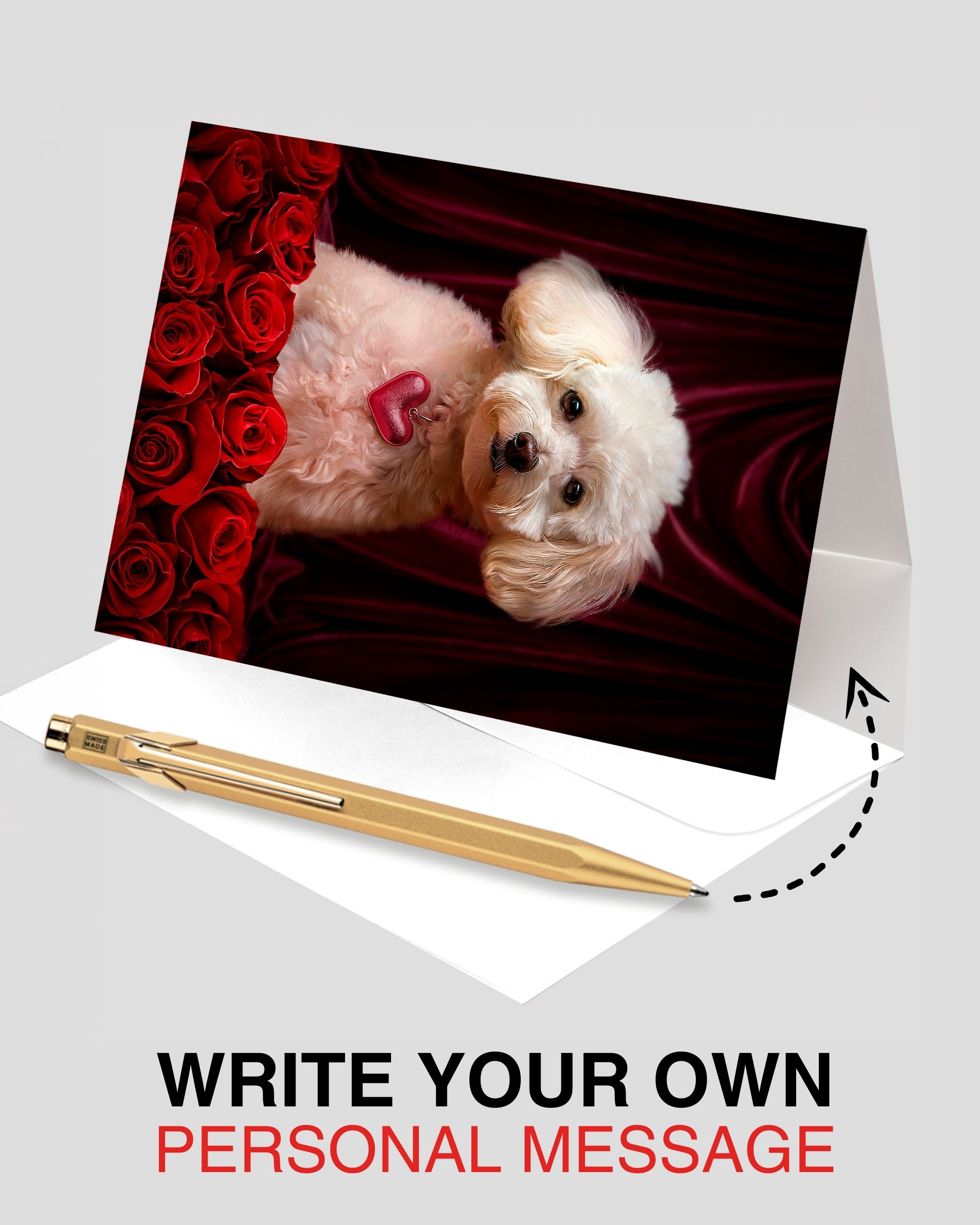 White Poodle with Roses Greeting Card for Anniversary, Birthday, Sweet Sixteen, Mother's Day & Valentines Day – Elegant Dog Lover Card, Blank Inside, Premium 5x7 Card with Red Envelope, Made in USA, Celebrate Collection
