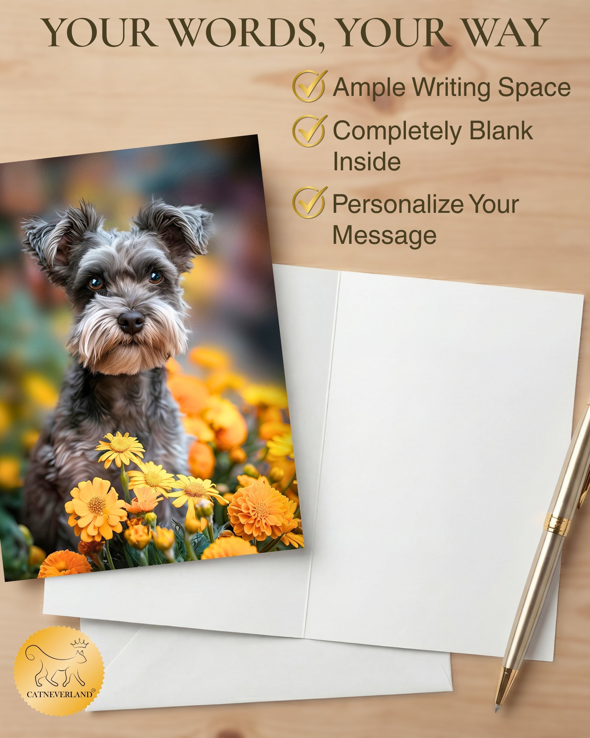 Schnauzer with Yellow Flowers All Occasions Greeting Card from Unique Dogs Party Delights Collection Large 5x7 Inch Blank Inside with Envelope
