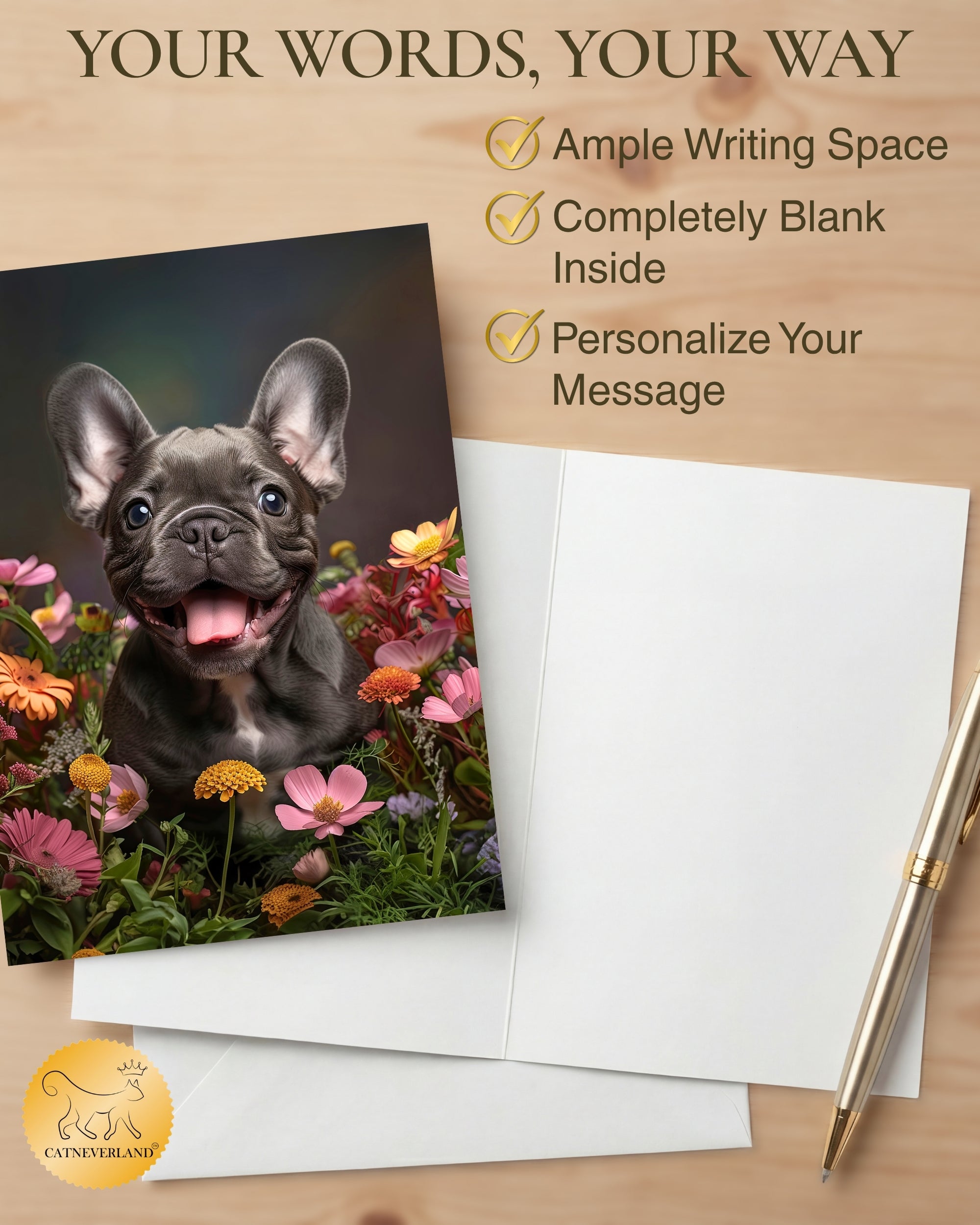 French Bulldog Puppy with Flowers All Occasions Greeting Card - Dog with Flowers from Unique Dogs Party Delights Collection - Large 5x7 Inch - Blank Inside with Invitation Style White Envelope