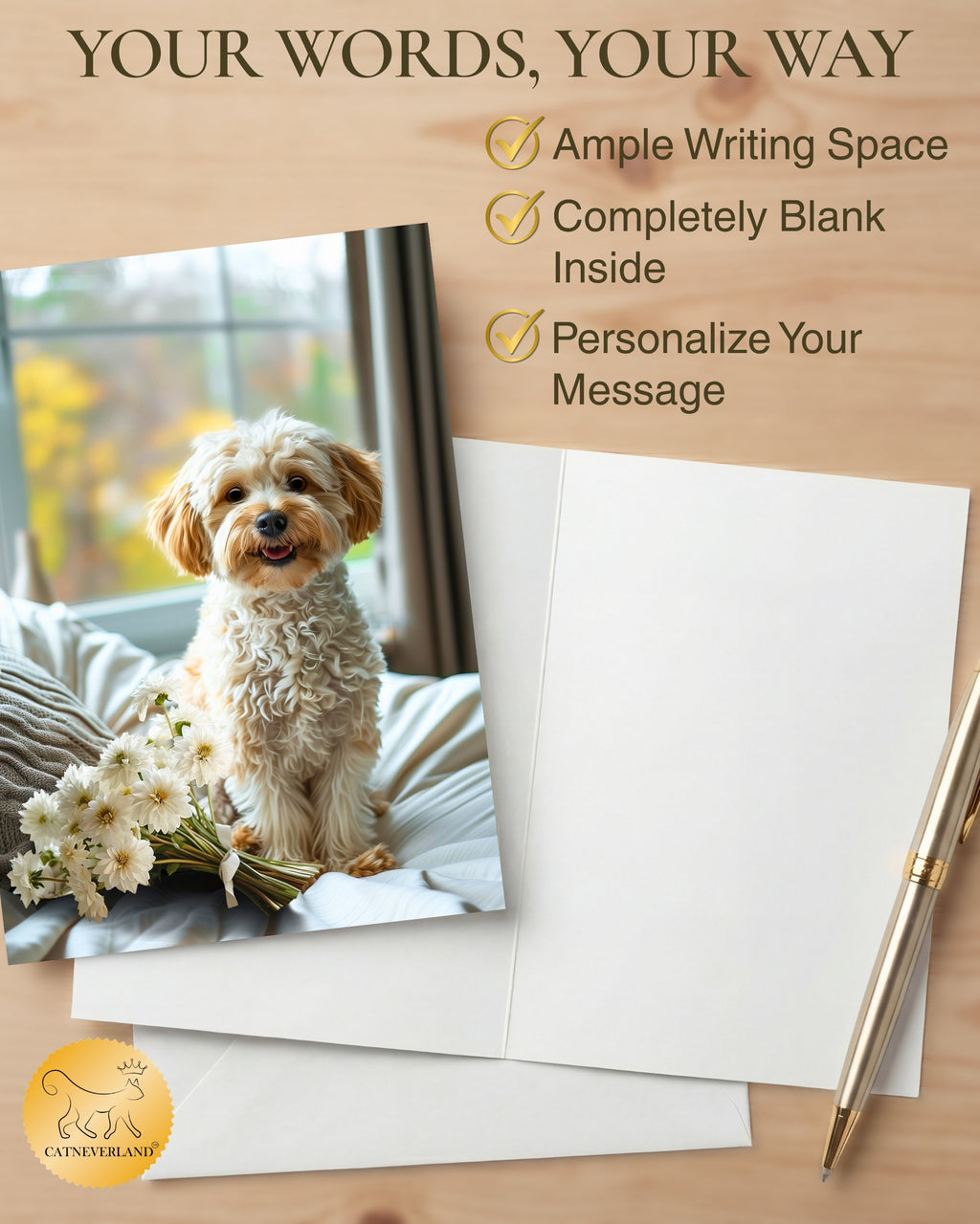 Cavapoo with Flowers All Occasions Greeting Card - Dog with Flowers from Unique Dogs Party Delights Collection - Large 5x7 Inch - Blank Inside with White Envelope