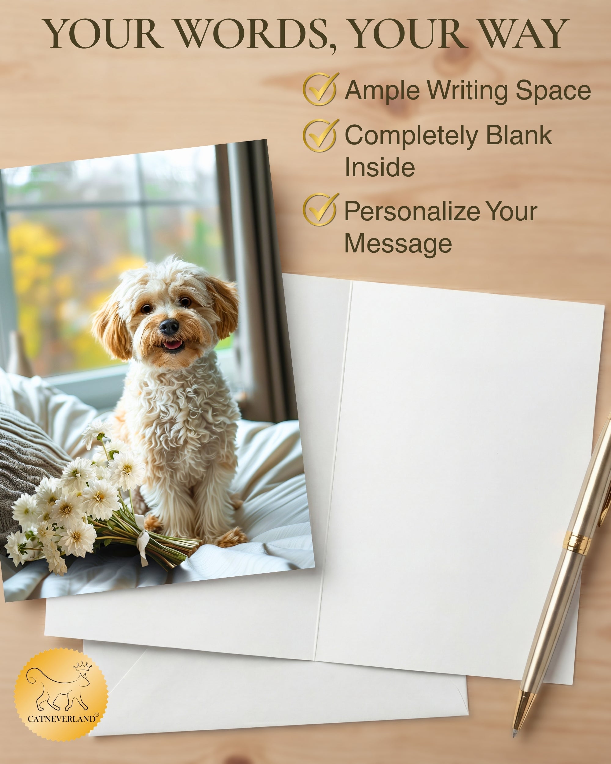 Cavapoo with Flowers All Occasions Greeting Card - Dog with Flowers from Unique Dogs Party Delights Collection - Large 5x7 Inch - Blank Inside with White Envelope