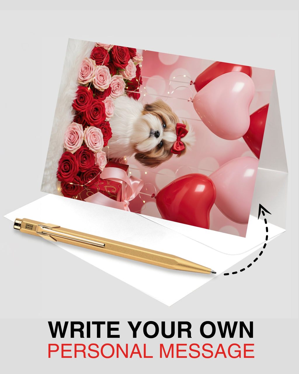Shih Tzu Greeting Card with Roses – Romantic Dog Love Card for Anniversary Valentine's Day Birthday Sweet Sixteen – Premium 5x7 Blank Card for Pet Lovers, Celebrate Collection, Made in USA