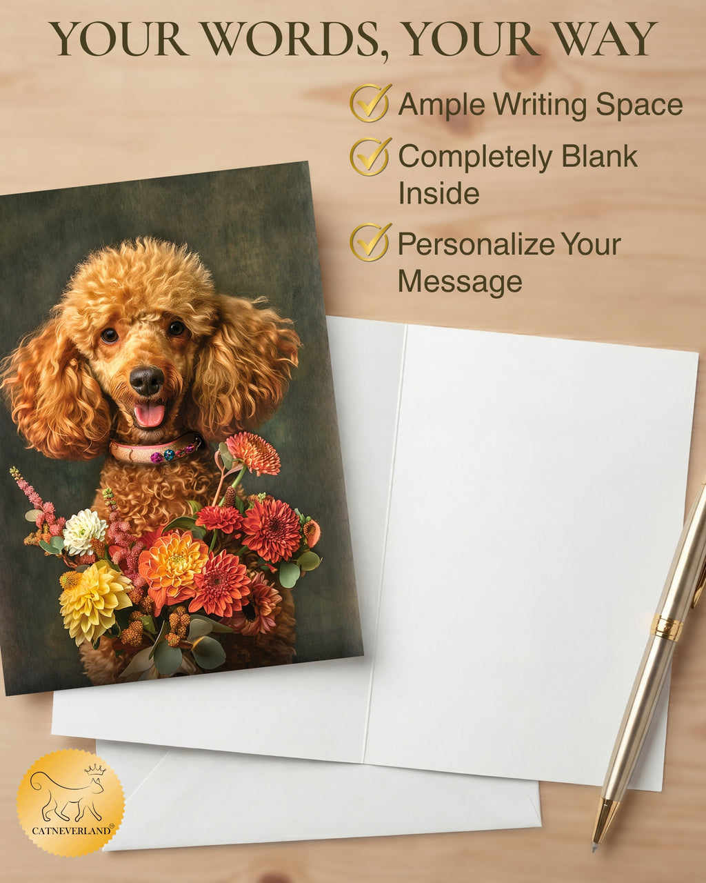 Poodle with Flowers All Occasions Greeting Card from Unique Dogs Party Delights Collection Large 5x7 Inch Blank Inside with White Envelope