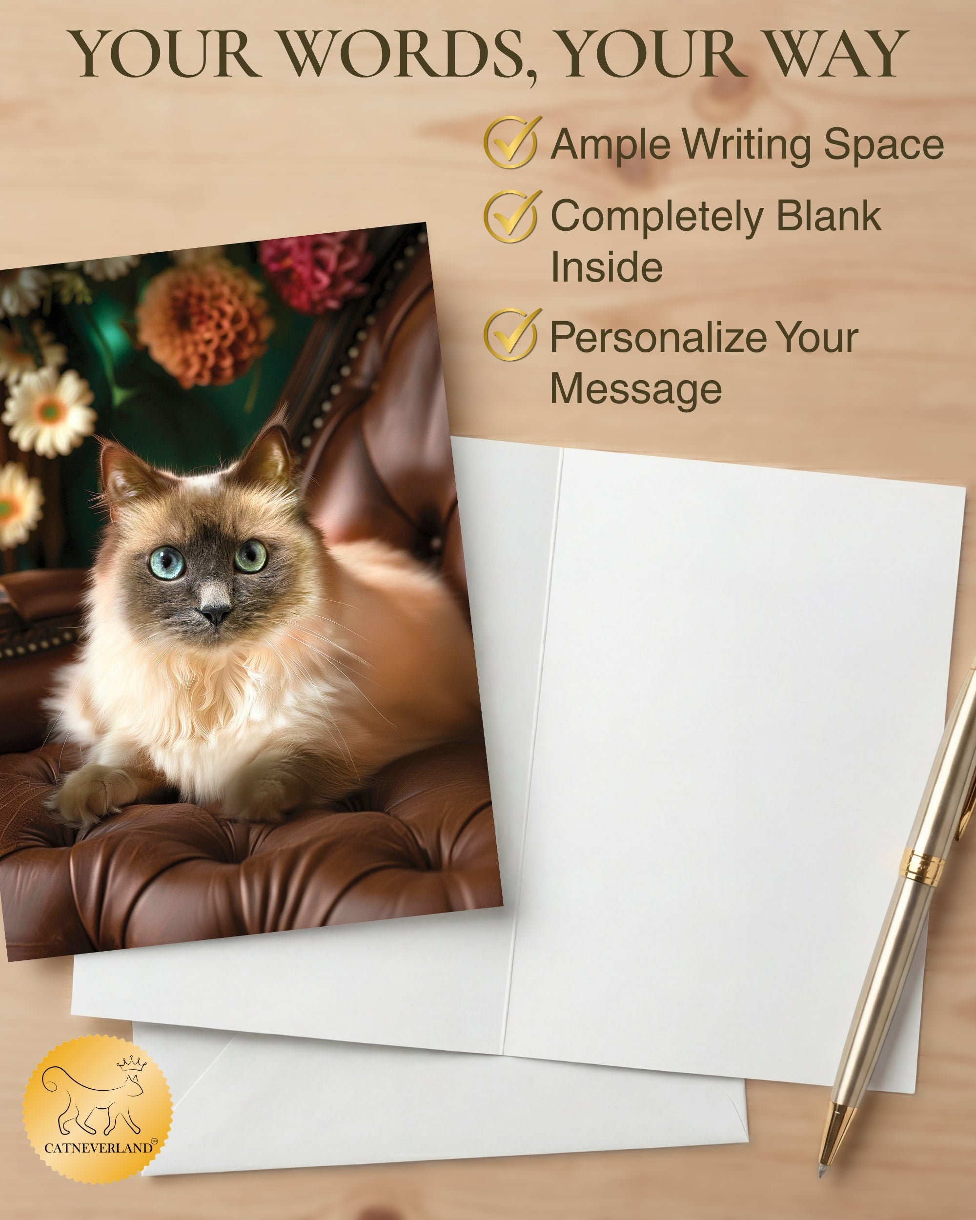 Monya The Cat Any Occasion Greeting Card - 5x7 Inch from Cats with Flowers Collection, Premium Cardstock, Blank Inside, White Envelope, Great Gift for Cat Lovers