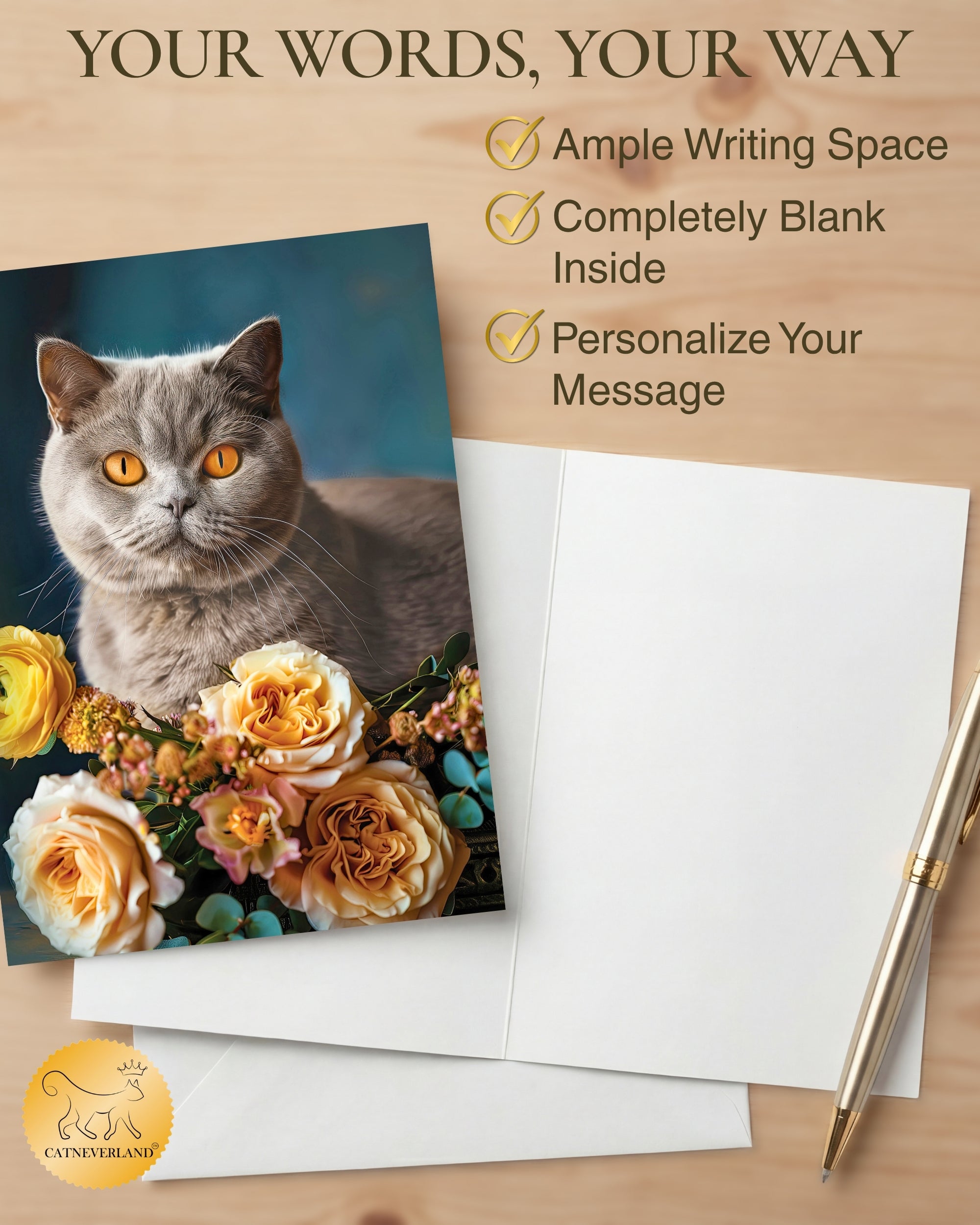 British Shorthair Cat Greeting Card 5x7 Inch Any Occasion Cats with Flowers Collection Premium Cardstock Blank Inside White Envelope Included Great Gift for Cat Lovers