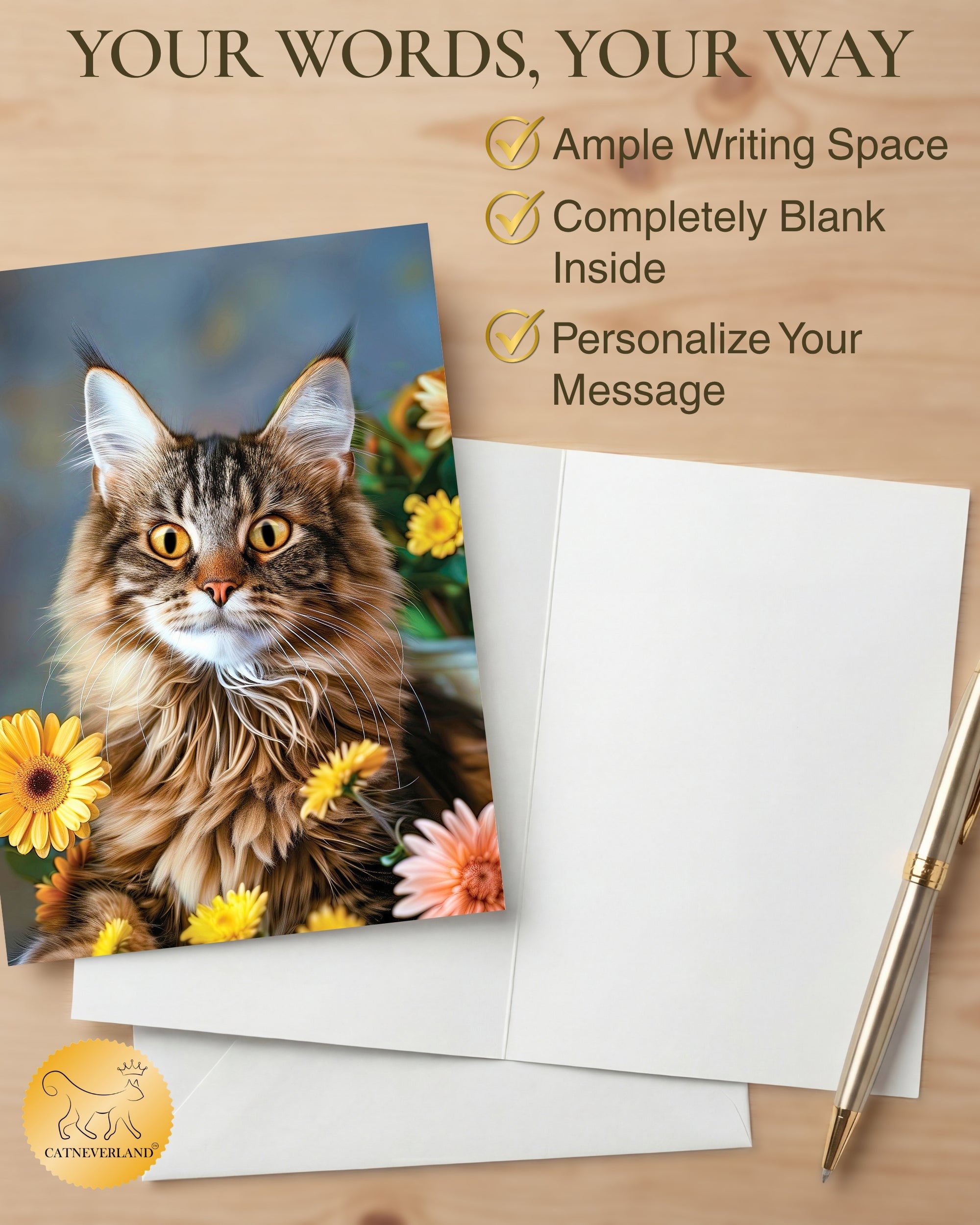 Maine Coon Cat Greeting Card 5x7 Inch Any Occasion from Cats with Flowers Collection Premium Cardstock Blank Inside White Envelope Great Gift for Cat Lovers